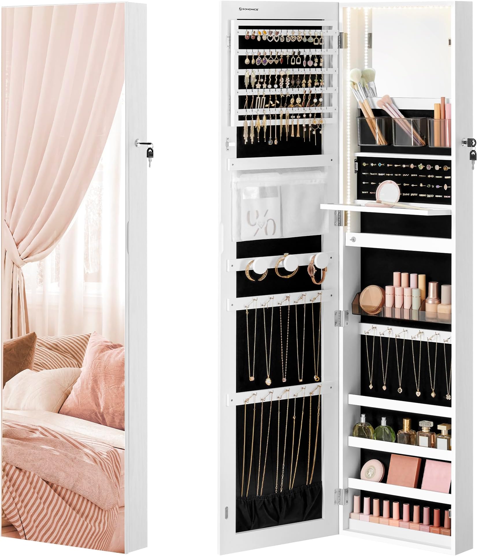 SONGMICS 55 Inches Tall Spacious Jewelry Cabinet, Jewelry Armoire with Light-Up Interior Mirror, Wall or Door Mounted Jewelry Storage Organizer, Lockable, Gift Idea, Cloud White UJJC032W01