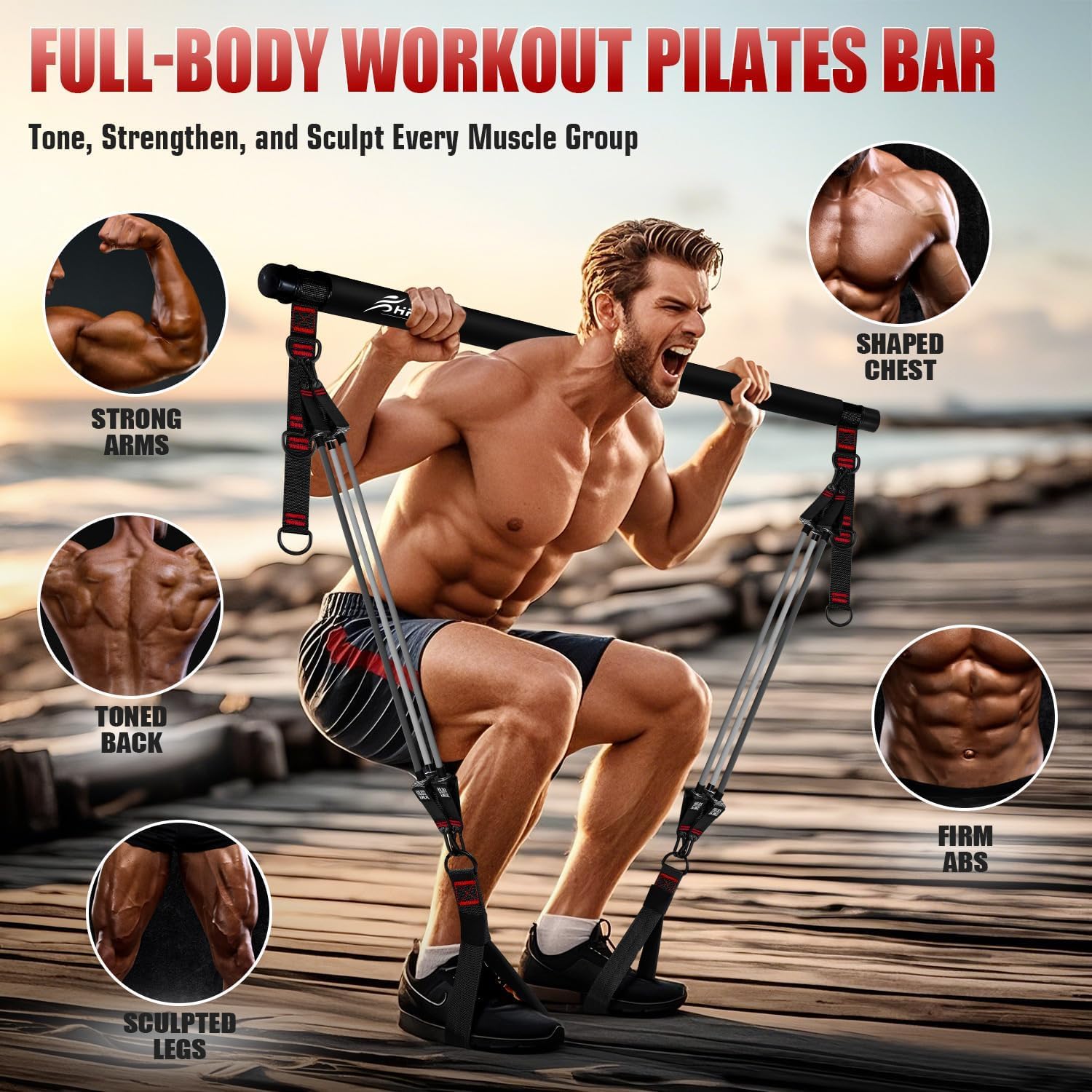 HPYGN Pilates Bar Kit mit Widerstandsbändern, Schwere multifunktionale Pilates Ausrüstung für Krafttraining, Abs, Rücken, Arme, tragbare Home Gym & Travel Fitness Ausrüstung