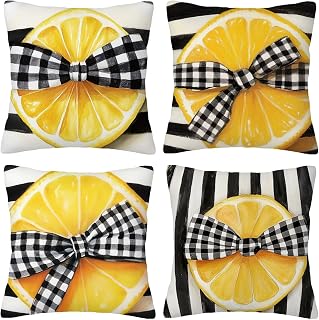 Giyuco Rayas Limón Fundas de Cojines Decorativas Cuadradas de Lino, 60x60cm con Cremallera Oculta para Sofá, Oficina, Silla, Dormitorio, Jardín, Exterior Decoración del Hogar, Juego de 4. H-106