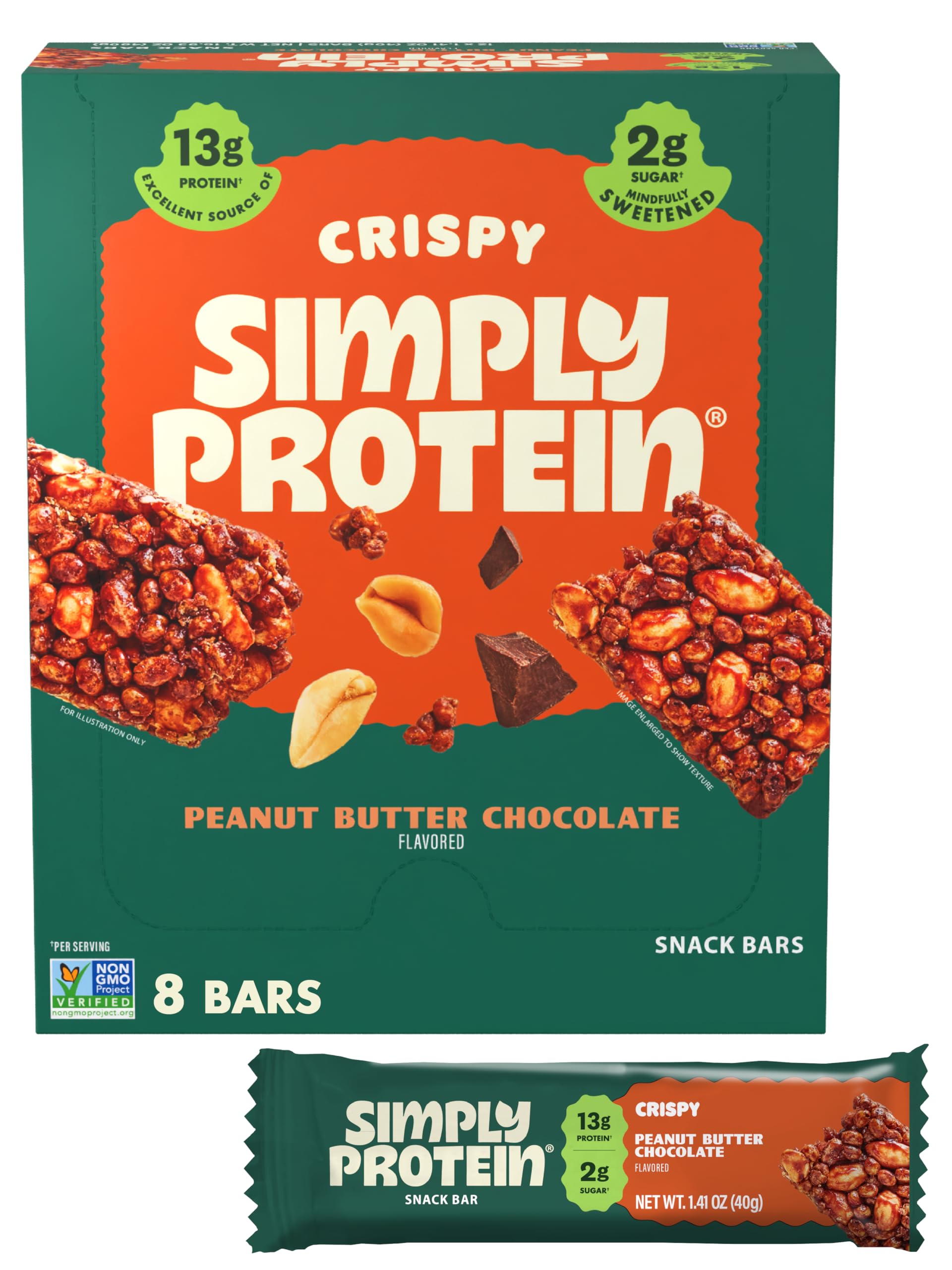 Simply Protein Crispy Bars. Clean And Light Crispy Bars With Plant Based (Peanut Butter Chocolate, 8 Pack).