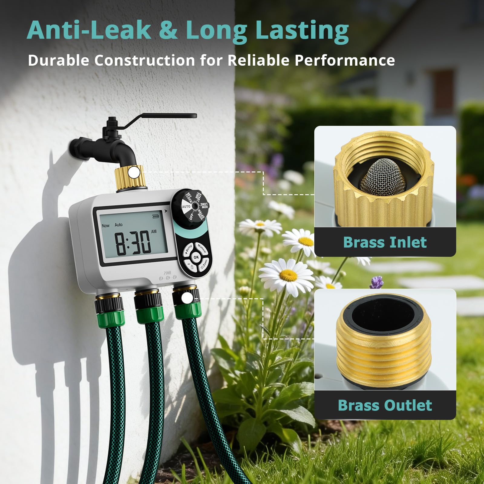 QUOBAS Timer per irrigatore per tubo da giardino, programmabile in ottone, timer digitale dell'acqua con blocco bambini, ritardo pioggia/auto/manuale, 3 modalità, grande schermo impermeabile