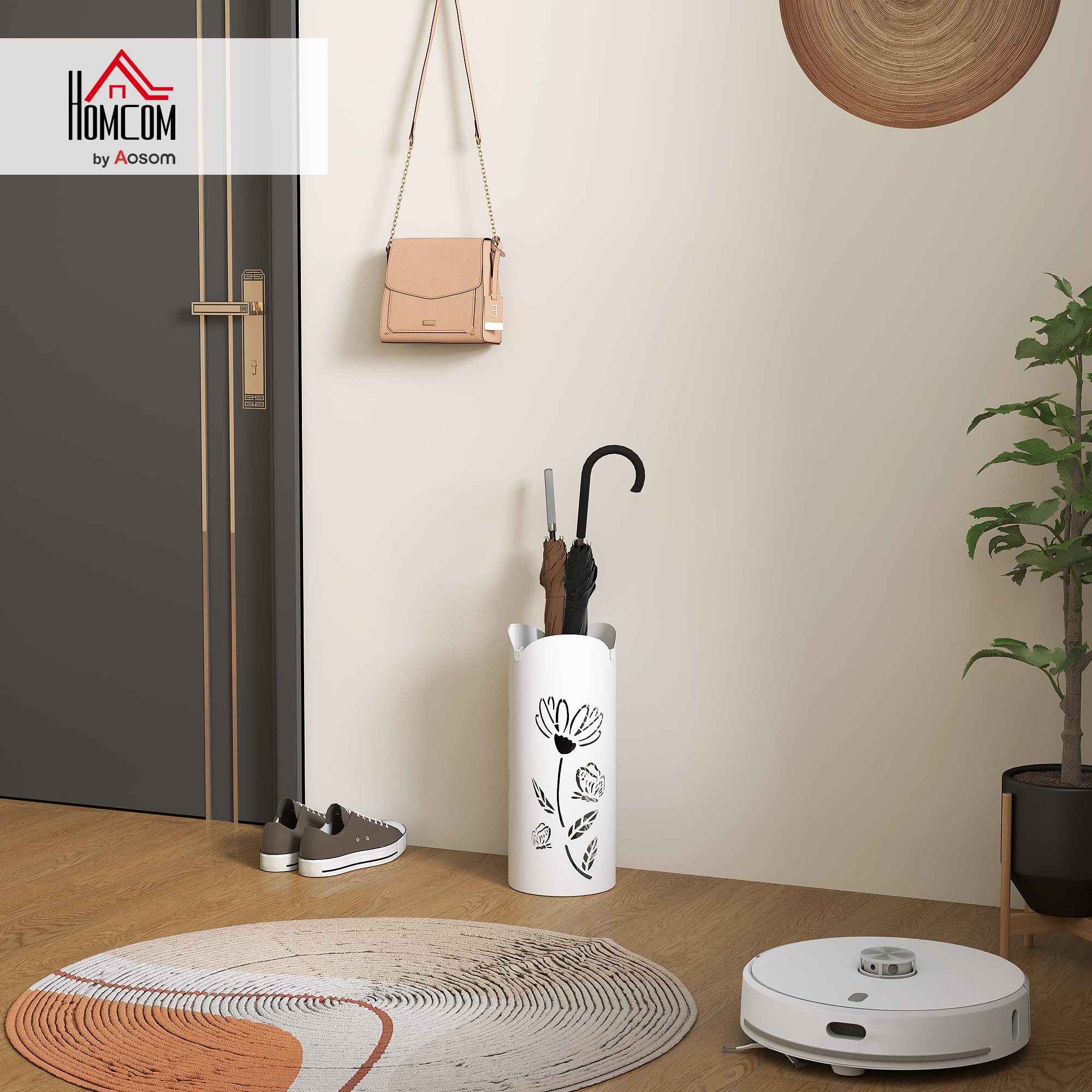 HOMCOM Paragüero de Acero Soporte de Paraguas con 4 Ganchos y Bandeja de Goteo Extraíble Paragüero Blanco para Entrada Oficina 17x17x41 cm