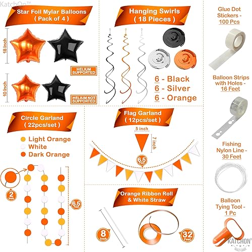Miniatura 4 de KatchOn, Decoraciones de graduación naranja y negro 2024  Paquete de 168  Kit de arco de globos 2024 con telón de fondo de flecos naranjas