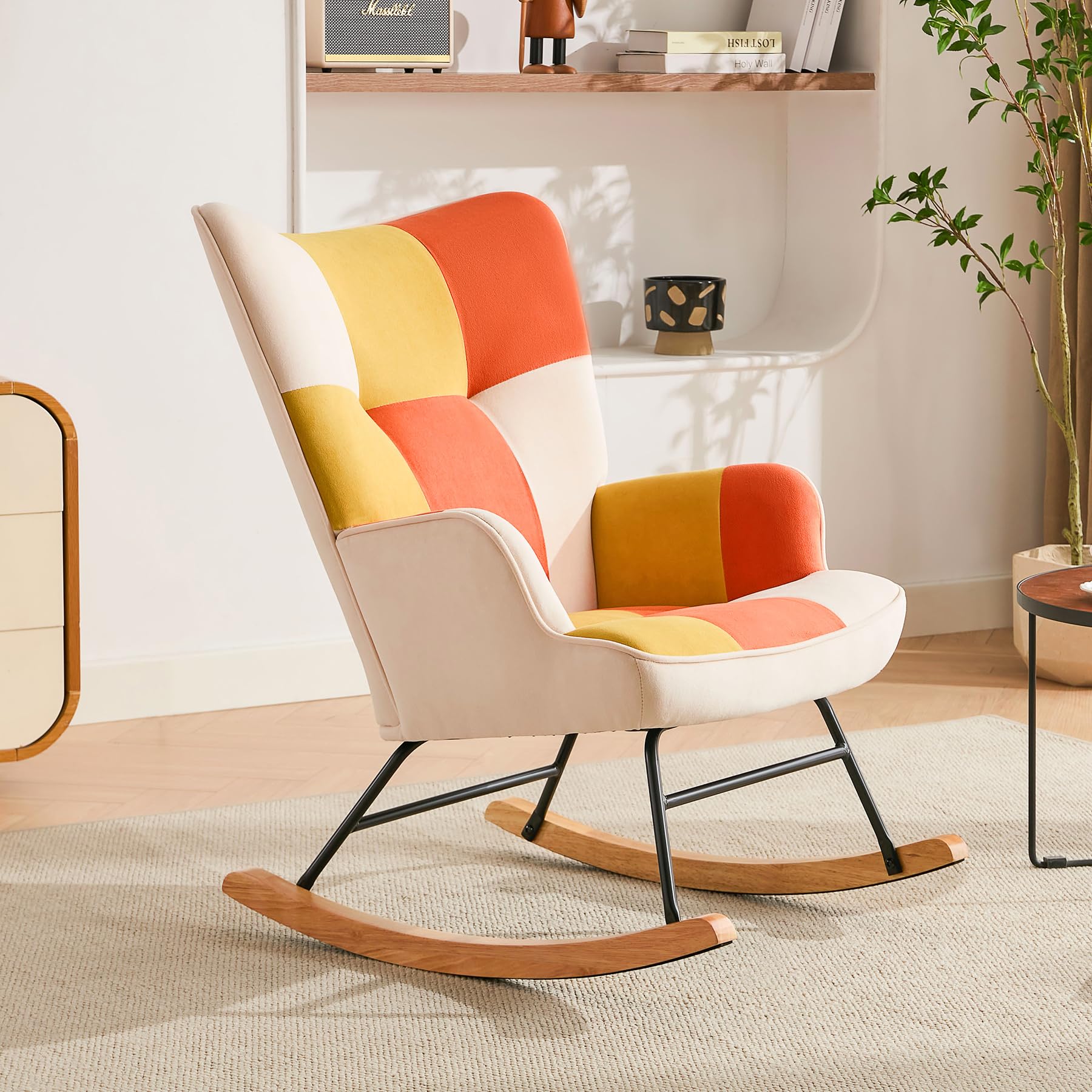 Mecedora de Terciopelo para habitación Infantil, con Estructura de Metal y Base de Madera, tapizada, para salón, Ocio, para salón, Dormitorio (Mecedora de Patchwork, Naranja y Amarillo)