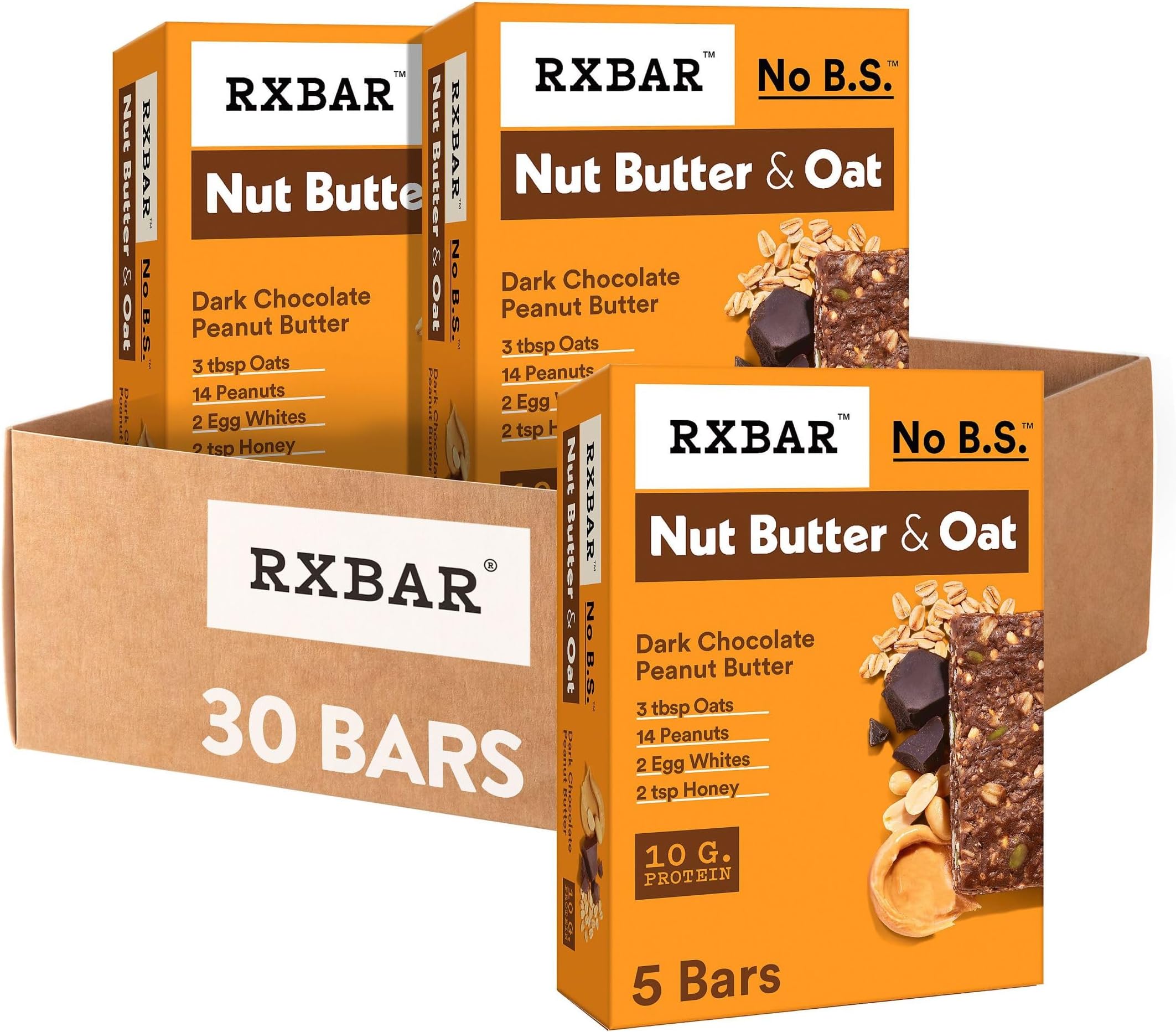 Nut Butter and Oat Protein Bars, Protein Snacks, Dark Chocolate Peanut Butter (6 Boxes, 30 Bars)