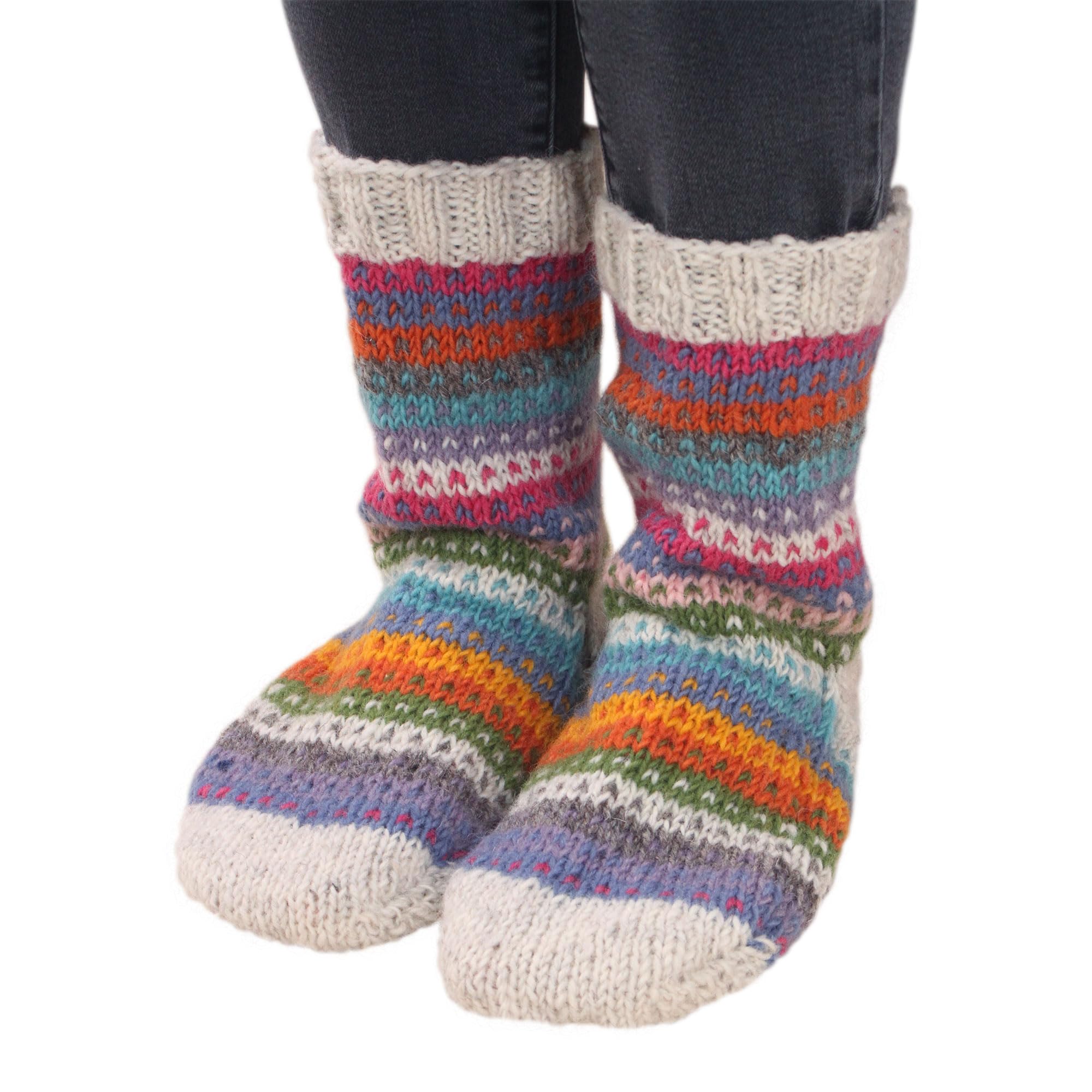 PachamamaWomen 100% Wool Bed Sofa Socks Handknitted Dots Stripes Multicoloured Medium 4-7 Handmade Extra Warm, Multicoloured, 37-40.5 EU