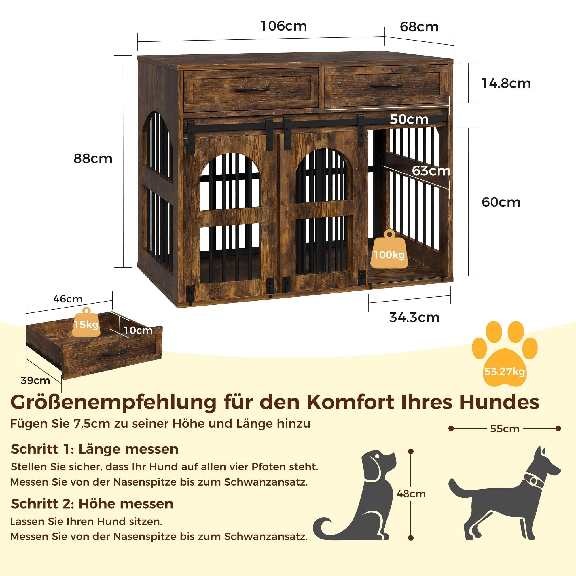 IRONCK Hundekäfig Möbel Hundebox für Zuhause mit 2 Schublade Türen Trennwand, Hundebox Holz Indoor für 2 kleine/mittlere/1 große Hunde, Beistelltisch mit Scheunentür, 106x68x88cm (Vintagebraun)