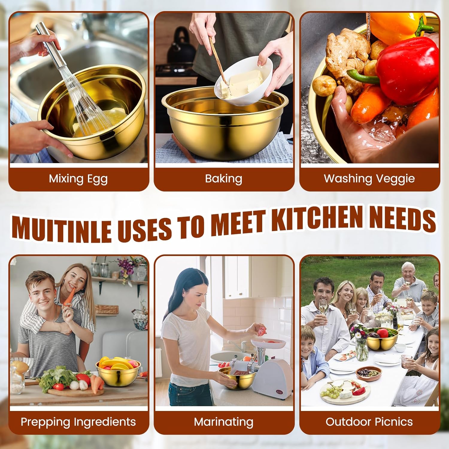 7 Pack Gold Mixing Bowls with Airtight Lids Stainless Steel Mixing Bowl, Metal Nesting Organizers and Stainless Steel Colander Set for Baking Serving Food (0.8,1,1.5,2.0,2.5,4.0 Qt) - Image 7