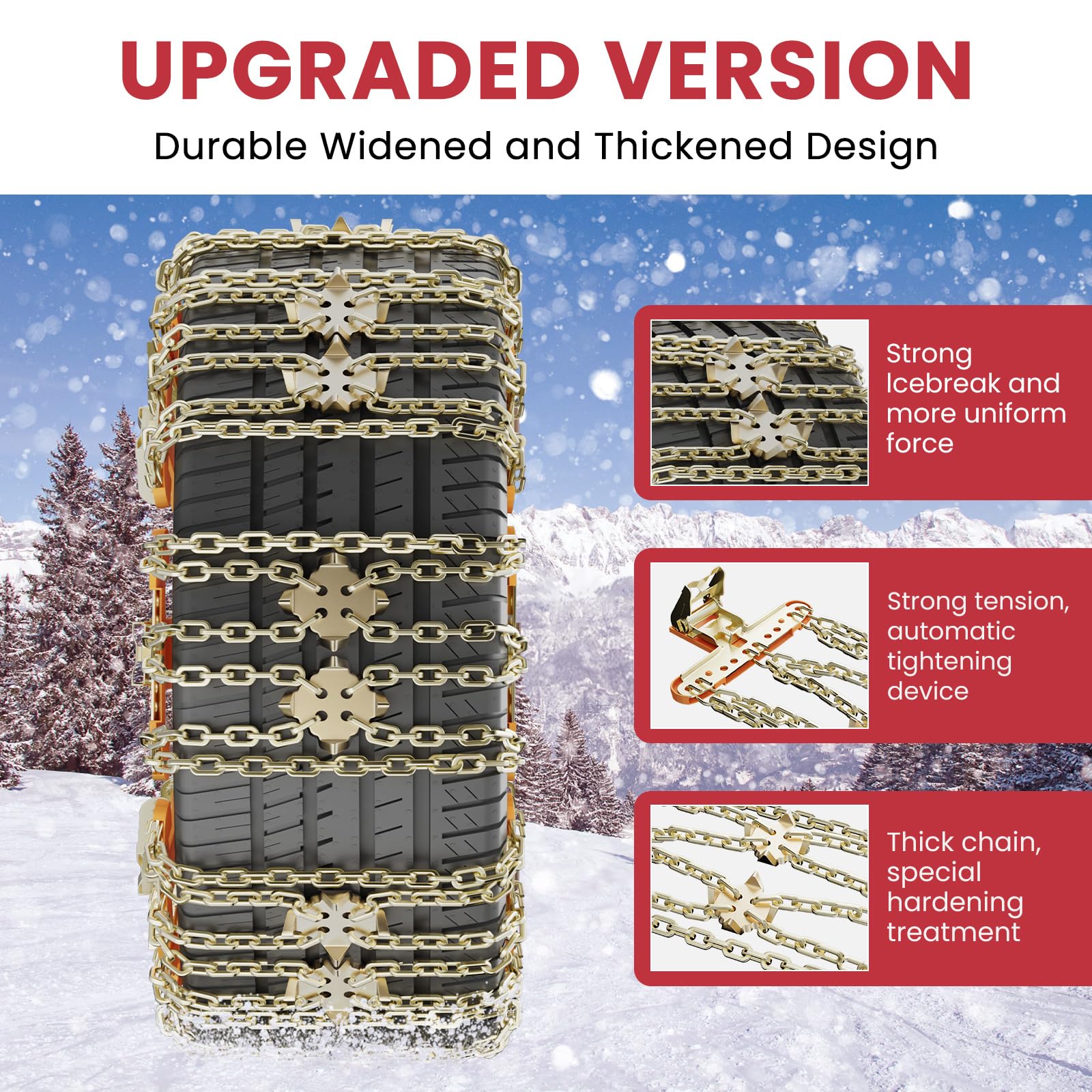 MOONCOOL Schneeketten Universal PKW, Winterketten 8 Stück(1 Satz) Leichte Montage für 215-285mm Auto Reifenbreite Anfahrhilfe Grid Design mit Handschuhe Haken Tragetasche Querseil für PKW, SUV, LKW