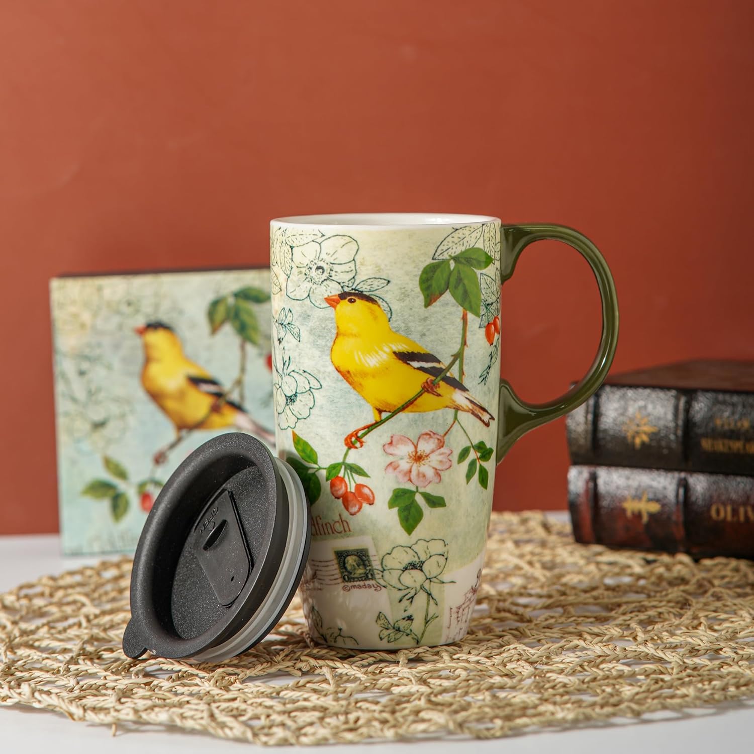 TZSSP 17oz Ceramic Travel Mug with Lid - Porcelain Coffee & Tea Cup, Song Bird Design, Dishwasher Safe - Image 9