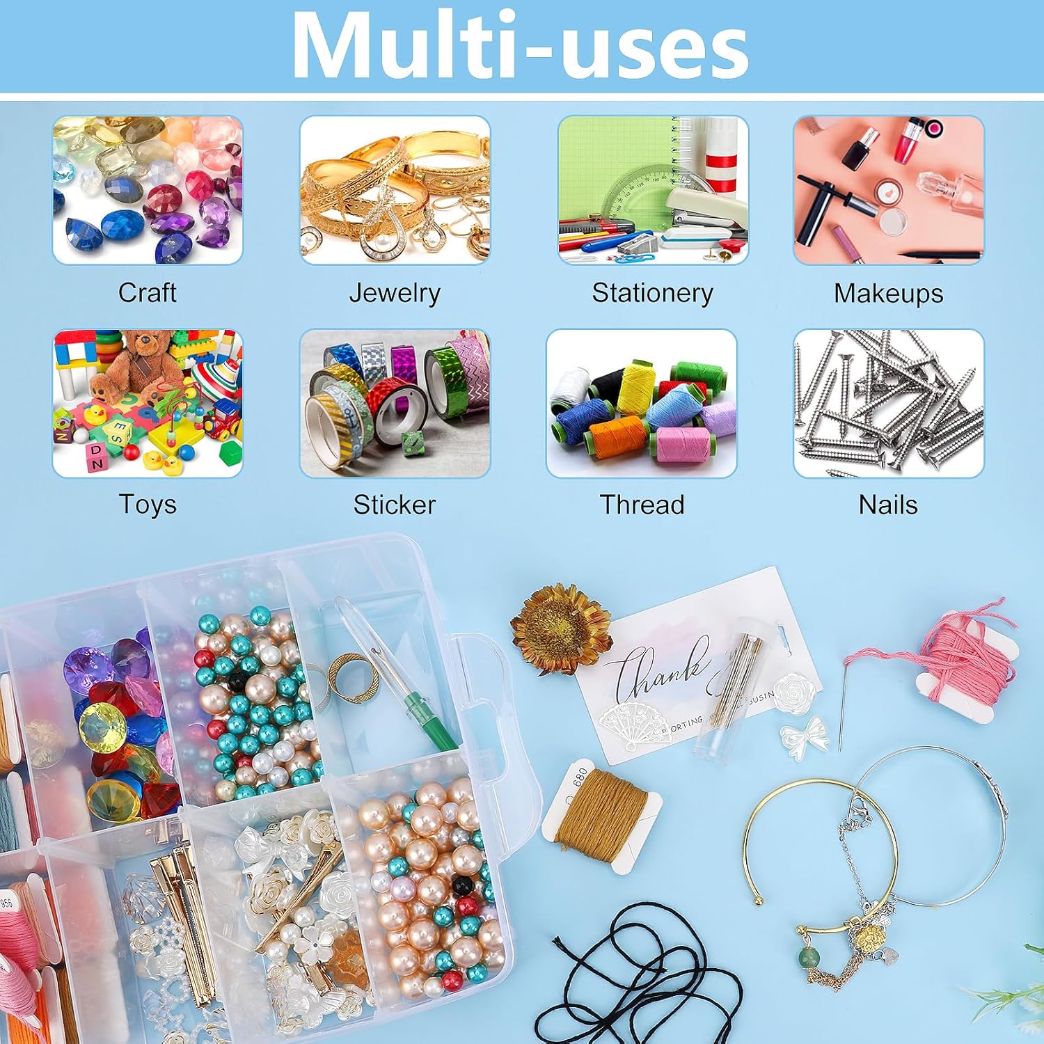 3-Tier Stackable Storage Container Box, Clear Adjustable Empty Plastic Nail Art Organizer Box with Handle & Lids, Fake Nail Organizers with 30 Compartment for Crafts, Art Supply Tool Accessory