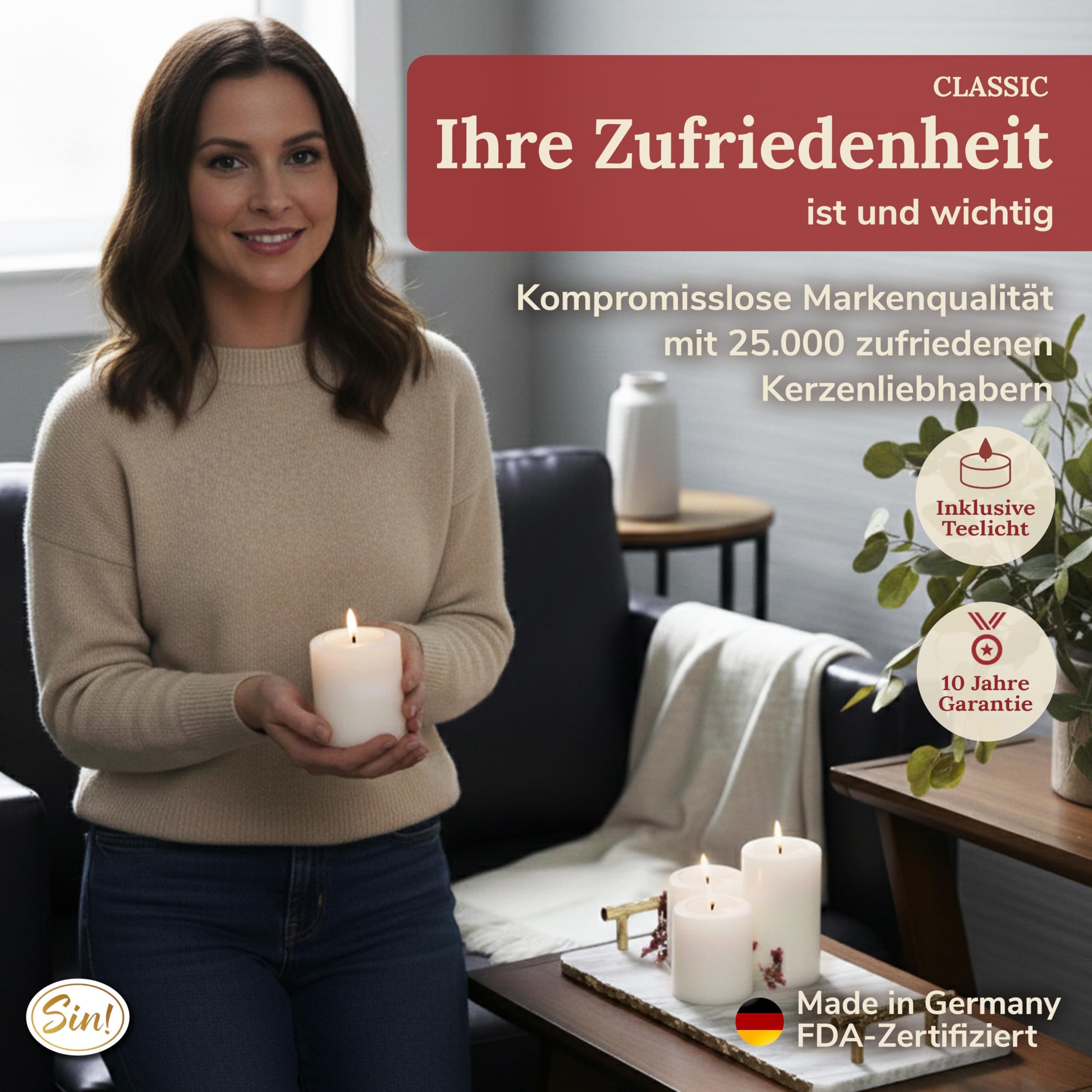 Sin!® 4er Set Teelichthalter & Dauerkerze Classic Ø 6cm H 6/8/10/12cm weiß - Die Kerze die Nicht schmilzt! Kunststoff-Kerze mit Teelichteinsatz (Made IN Germany) Teelicht-Kerzenoptik selbstlöschend
