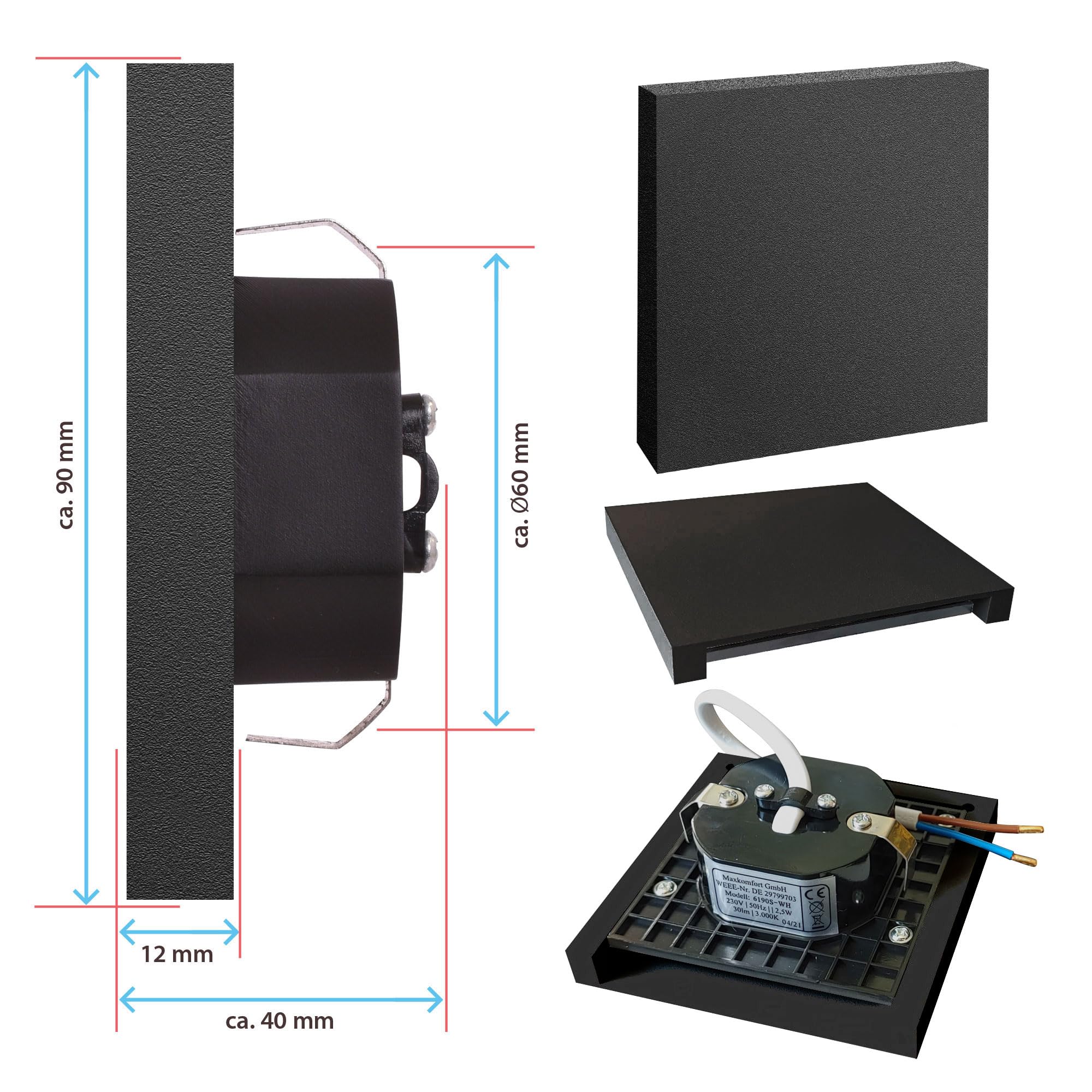 Maxkomfort 6x LED Treppenbeleuchtung 2,5W Warmweiß Eckig, Stilvolles Schwarz Aluminium, Einbau Wandstrahler, Flur Nachtlicht - 6190S-BK