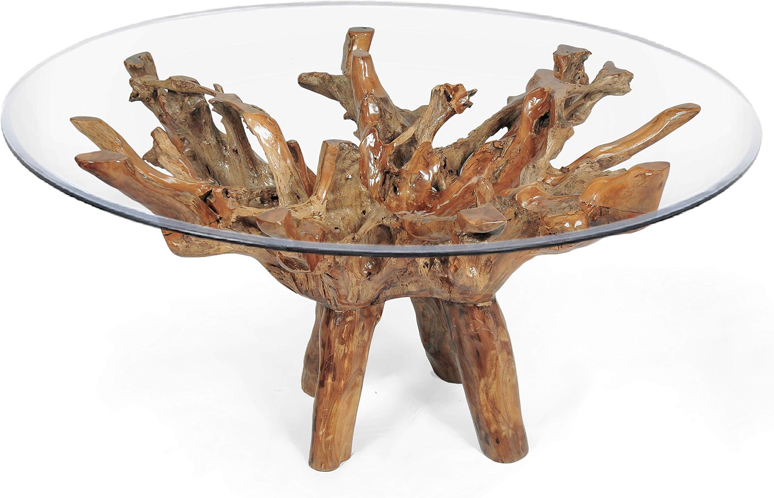 CHIC TEAK Teak Wood Root Dining Table Including a 63 Inch Round Glass Top Made