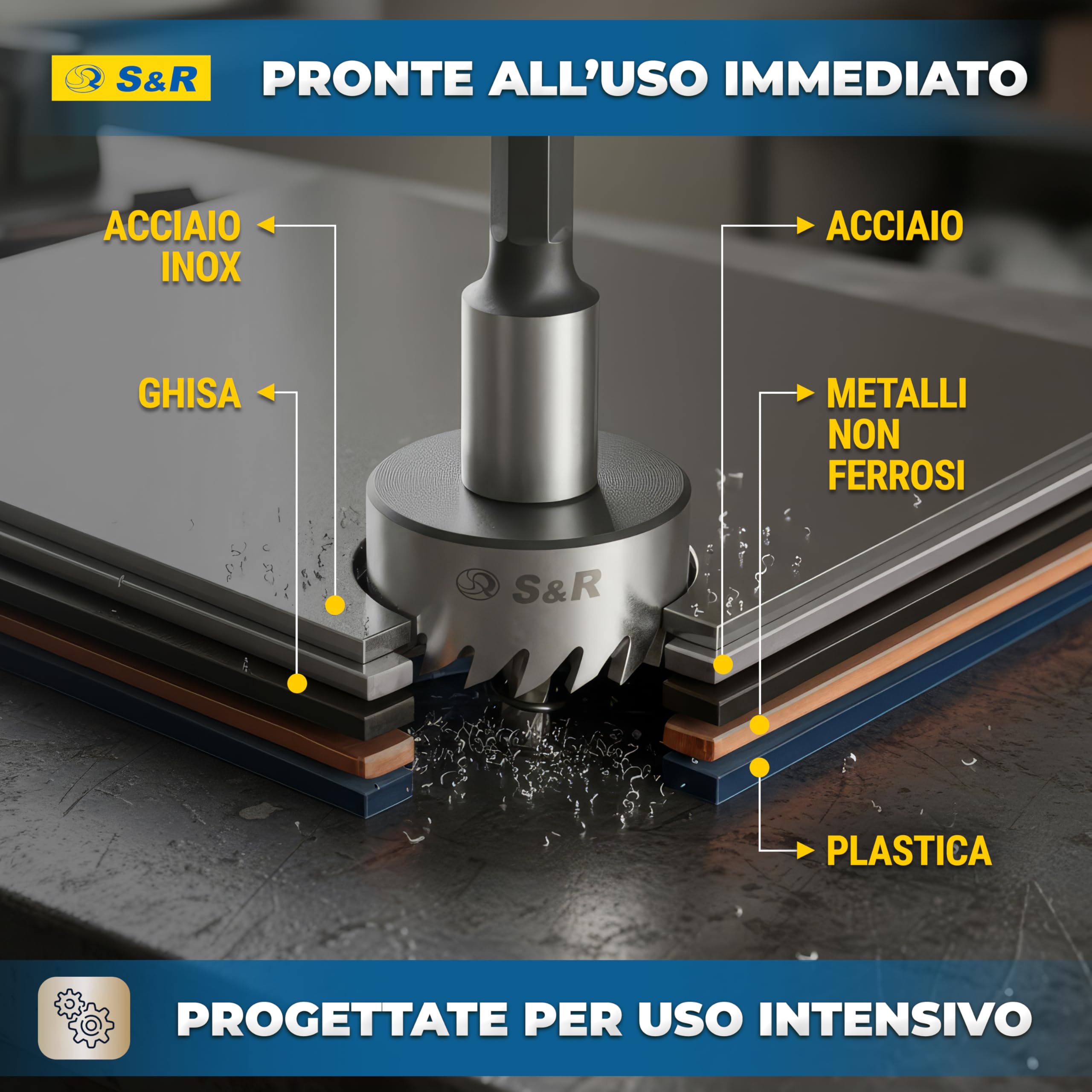 S&R Set 5 Seghe a Tazza Metallo HSS Frese in Acciaio Cobalto. Sega a tazza 16mm 18,5mm 20mm 25mm 30mm per Metallo Legno plastica. Codolo Esagonale 9,5 mm.