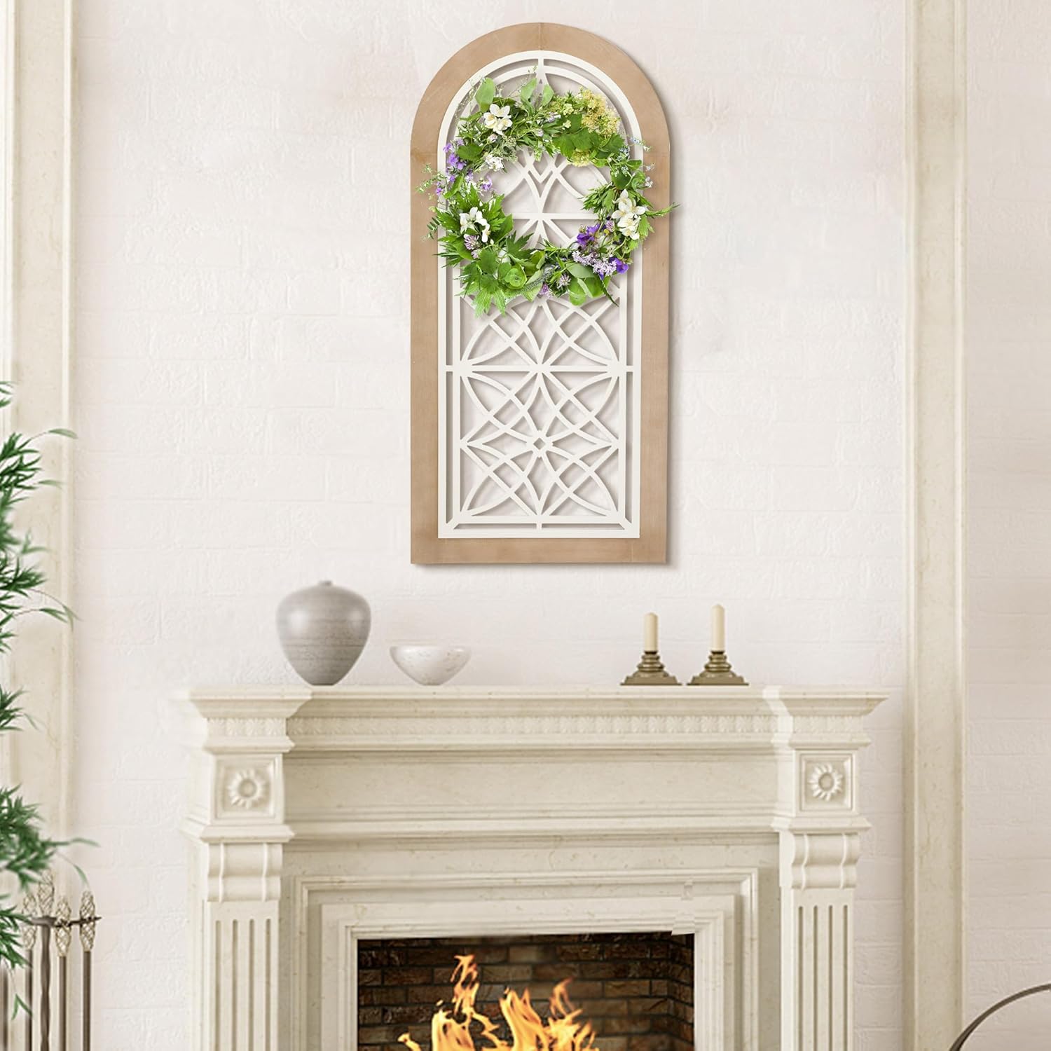 Runglecho Farmhouse Arch Wall Decor, Window Wooden Frame Panel Wall Sculpture for Home Decor Living Rooms Offices,White (20" x 41.75")