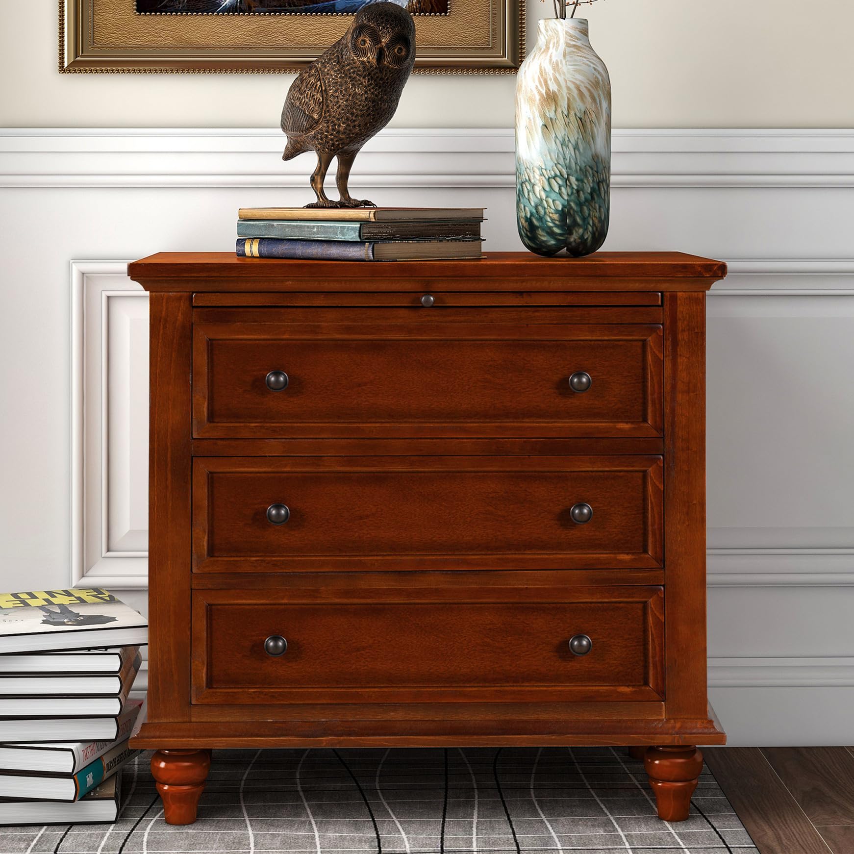 SSLine Brown Wood Nightstand with 3 Storage Drawers 28" Tall Bedside End Table w/Pull Out Tray Bedroom 3-Drawer Dresser Storage Chest with Solid Wood