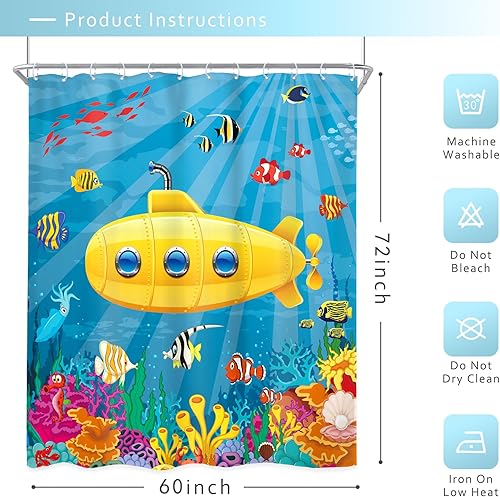 Miniatura 9 de Riyidecor Cortina de ducha infantil para decoración de baño, 72 pulgadas de ancho x 72 pulgadas de alto, dibujos animados, submarino, marino,