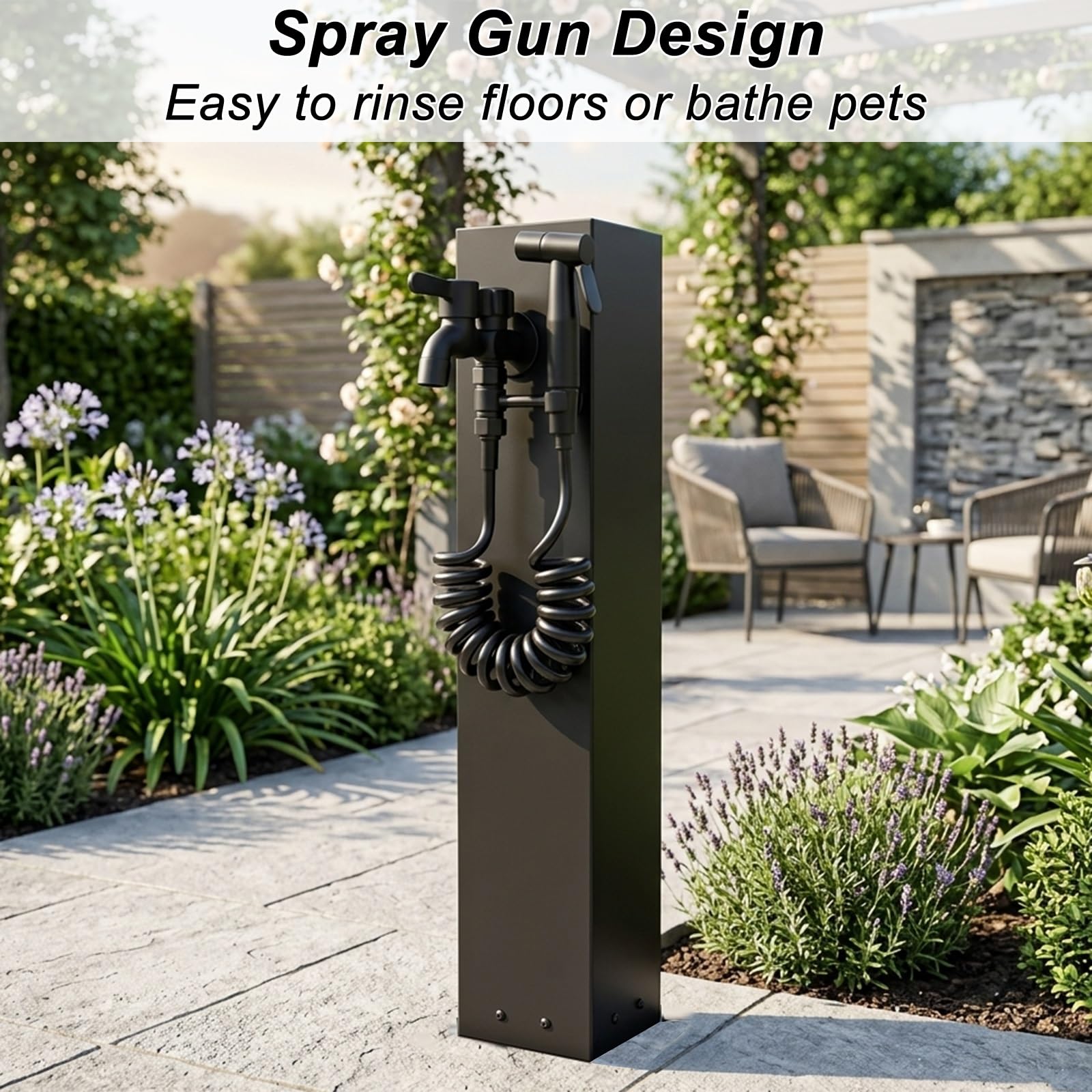 Stahlfreier G-förmiger Wasserstrahl für den Außenbereich mit Spritzpistole und Wasserhahn – 24-Zoll-Wasserspiel, geeignet zum Baden von Haustieren und für die Nutzung auf der Terrasse.