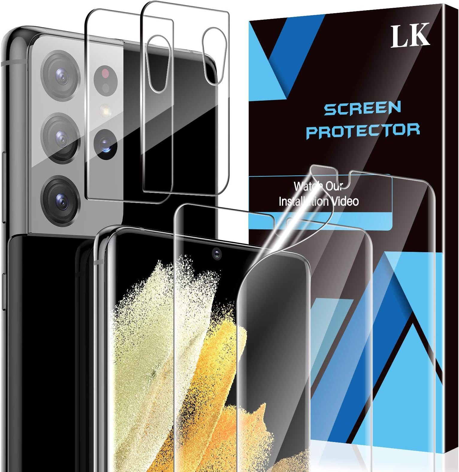 LK [2+2 Pack for 2 Pack Samsung Galaxy S21 Ultra Screen Protector [Not Glass] 6.8-inch with 2 Pack Camera Lens Protector [Fingerprint Reader] Ultra-thin Soft Film, Self-Healing, Easy Install