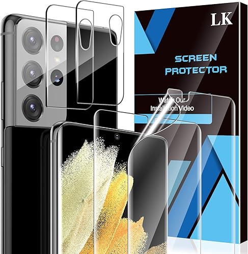 LK Paquete de 2 protectores de pantalla para Samsung Galaxy S21 Ultra (no de vidrio) de 6.8 pulgadas con 2 protectores de lente de cámara [lector de