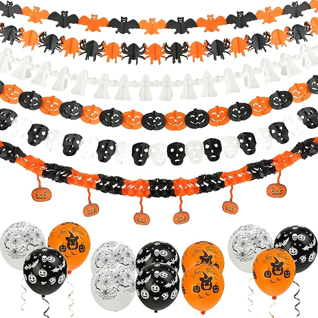 Koogel Halloween Decoration Banners Pack,Trick or Treat Paper Chain Hanging Garland with Pumpkin Bat Spiders Ghost Skeleton Pattern and Ballons for Halloween Horror Theme Props Party Supplies
