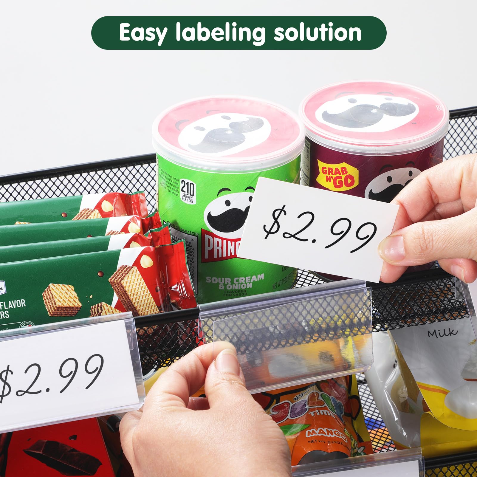 4-stöckiges schwarzes stapelbares Süßigkeiten-Präsentationsregal, Snack-Organizer für Arbeitsplatte, Geschäfte, Büros, mit 12 Schildern und 30 Etiketten (Metallgitterplatte) (Schwarz, 2 Stück)
