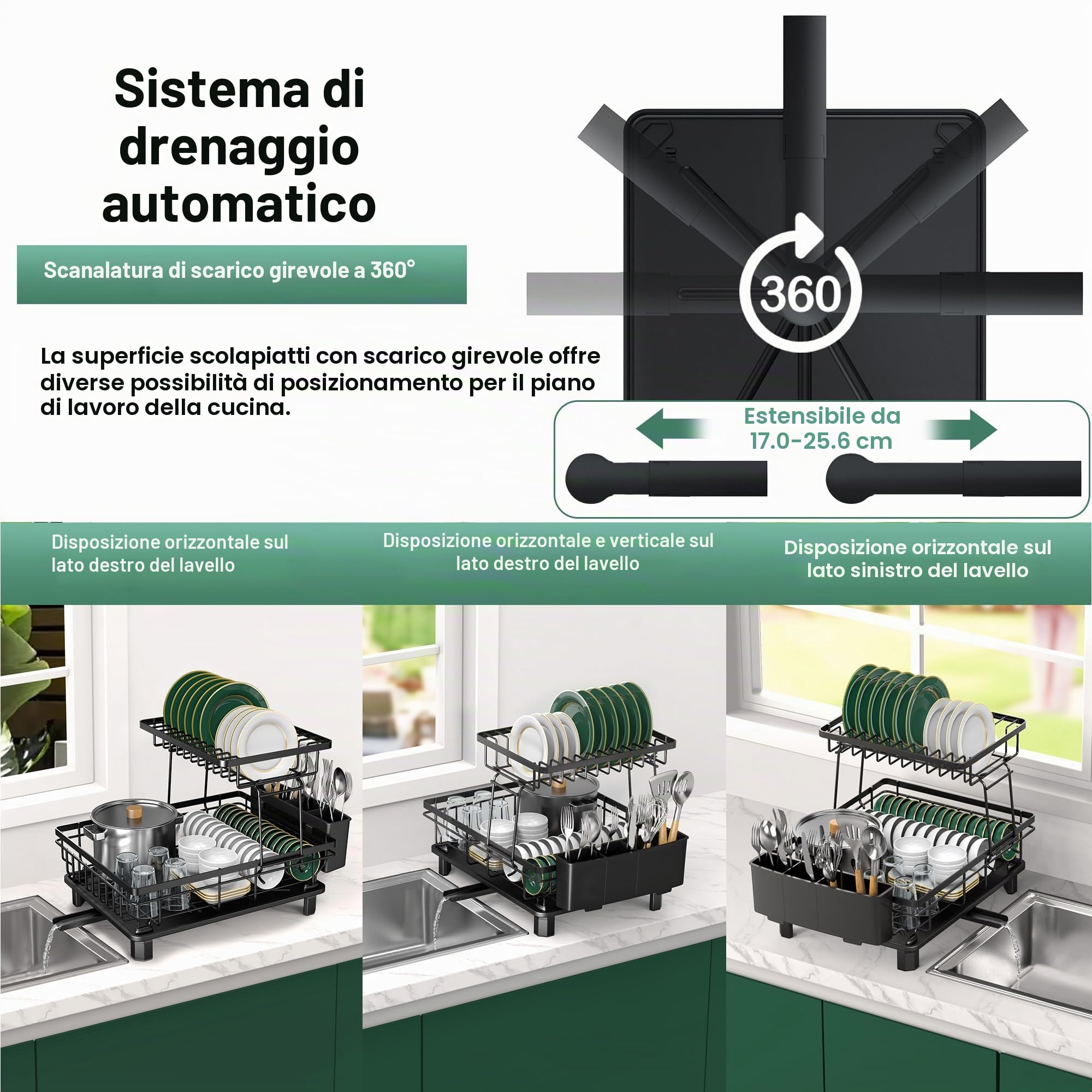 Rottogoon Scolapiatti grande a 2 ripiani in acciaio inox per bancone della cucina, resistente, con scolapiatti per vari utensili da cucina, nero