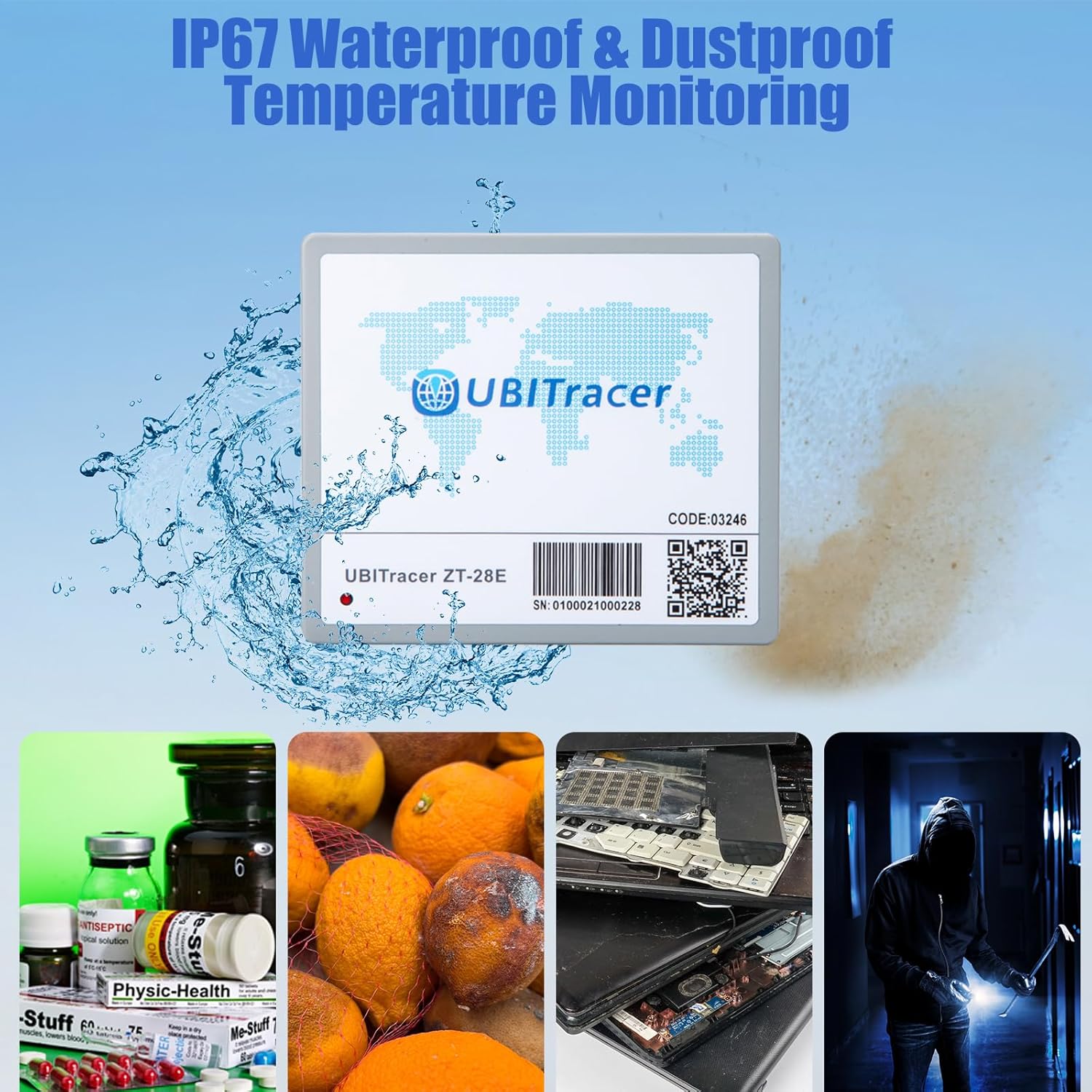 UBITracer ZT-28E device with water splashing, illustrating its IP67 waterproof and dustproof features, alongside images of medical supplies, spoiled fruit, damaged electronics, and a burglar, representing asset protection.