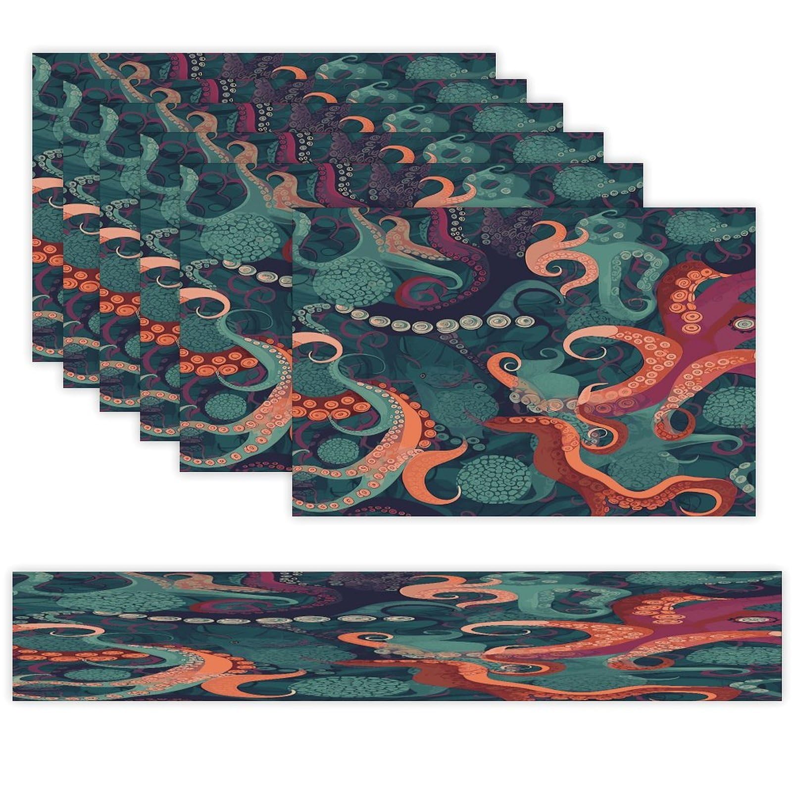Abstract Octopus Table Runner and Placemats Set of 6 Wipe Clean Heat Resistant Table Mat with Table Runner Decorations Flax Linen Place Mat Set for Home Kitchen Party Supplies