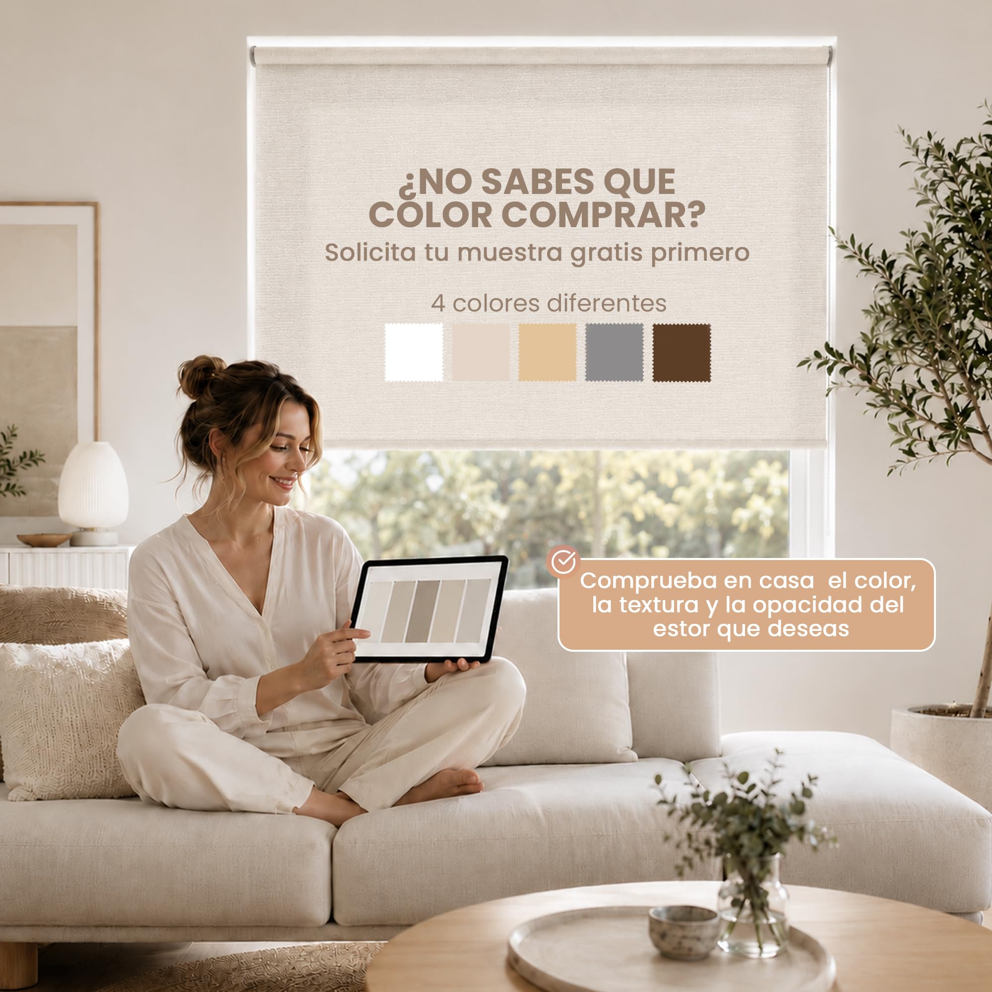 Estor Enrollable Translúcido Arena a Medida 120x180 cm – Luz Natural con Privacidad Día y Noche – Persiana para Ventanas, Puertas, Balconeras, Cocina u Oficina – Instalación en Pared, Techo o Lateral