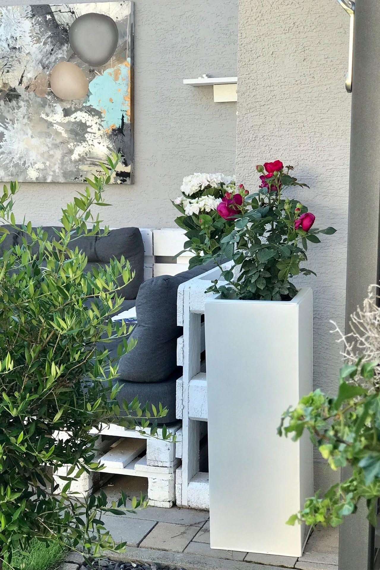 AE Trade Pot de fleurs carré haut en zinc avec système d'irrigation Blanc 80 cm