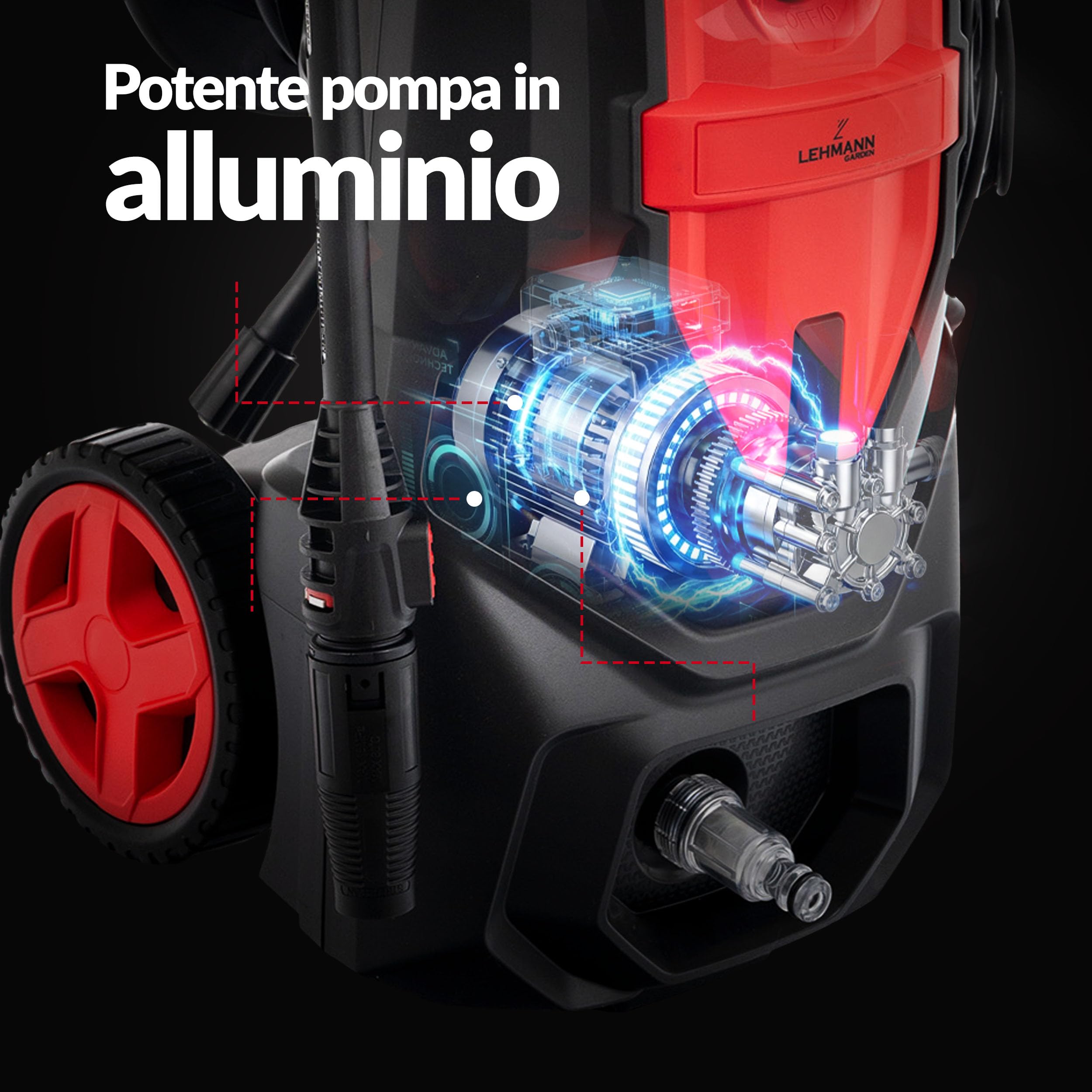 LEHMANN Denver Idropulitrice, 2200 W, max. 240 bar, Portata 480 l/h, Raggio d'azione 15 m, Pompa in alluminio, Lancia Schiuma, Ugello Regolabile et Turbo, per Auto, Esterni di Casa, Nero/Rosso
