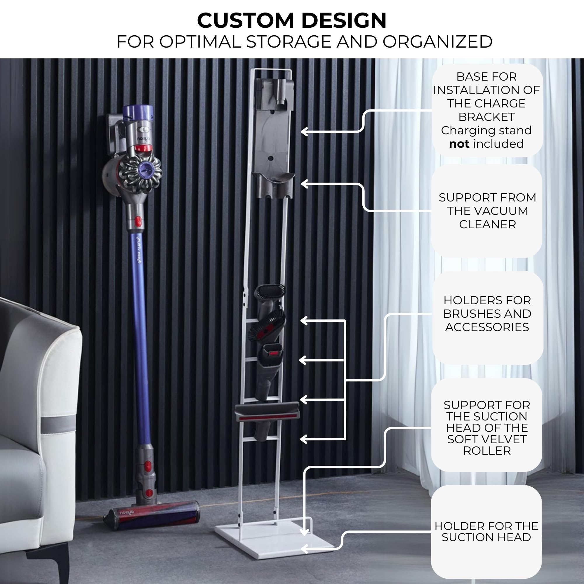 Supporto per Aspirapolvere Compatibile con Dyson V15 V12 V11 V10 V8 V7 V6 - DC45/ DC35/ DC58/ DC59/ DC62/ DC74- Organizzatore da Pavimento con Ruote senza Forare il Muro.