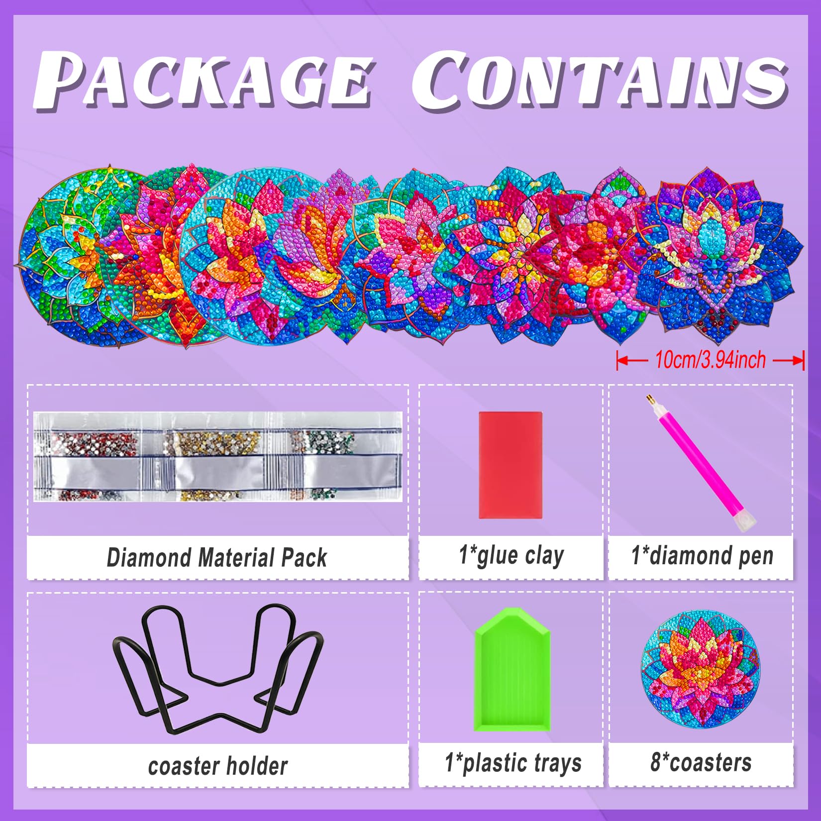 8 Pcs Posavasos Diamond Painting de Flores, Posavasos con Pintura Diamantes con Soporte, Posavasos de Pintura de Diamantes 5D para Tazas, Copas Vino, Jarrones, Regalo del día de San Valentín