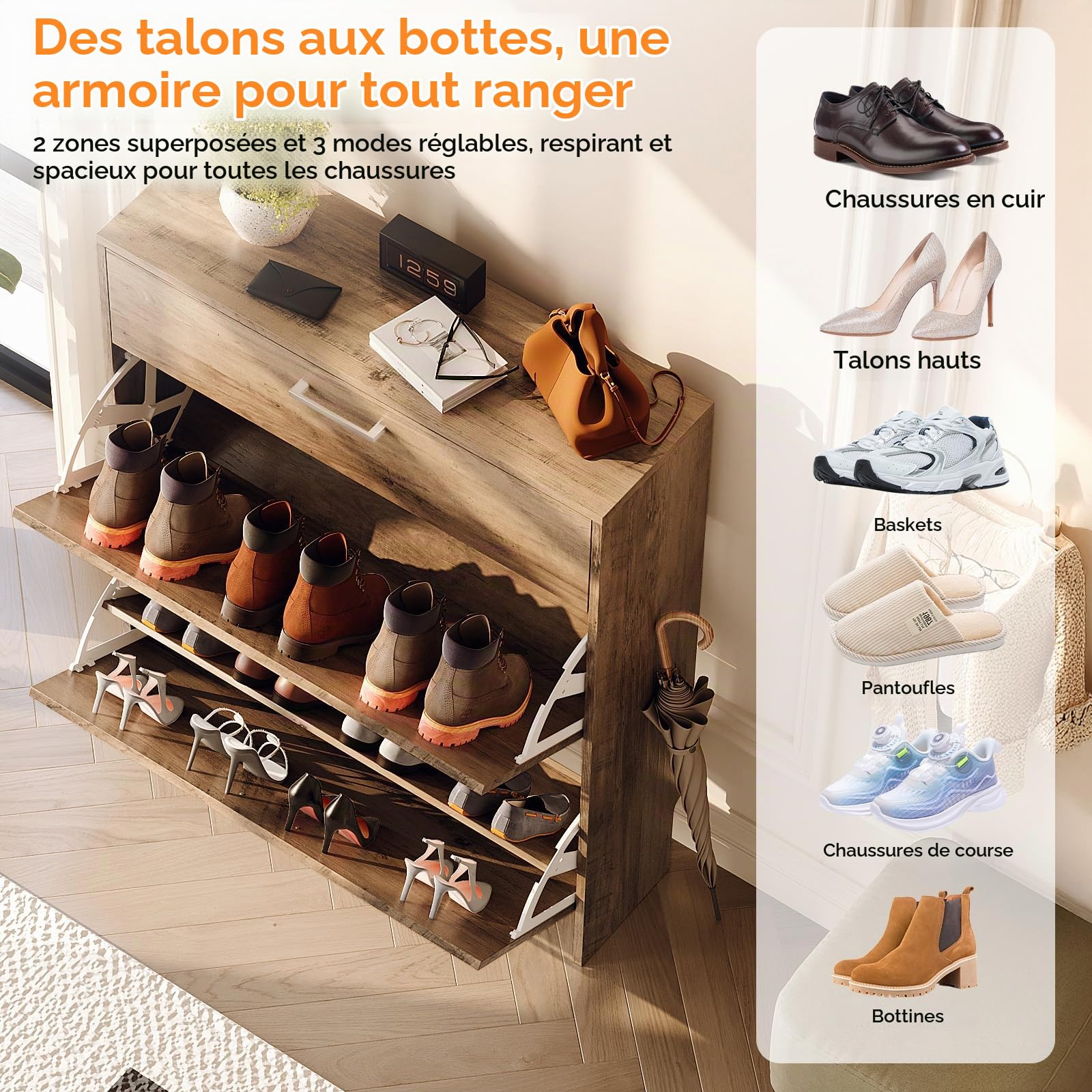 Bonnlo Meuble à Chaussures 2 Portes & 1 Tiroir, Meuble Rangement Chaussures pour 12-16 Paires, Armoire à Chaussures, 80 x 24 x 94 cm, pour Entrée & Couloir (Gris lavé)