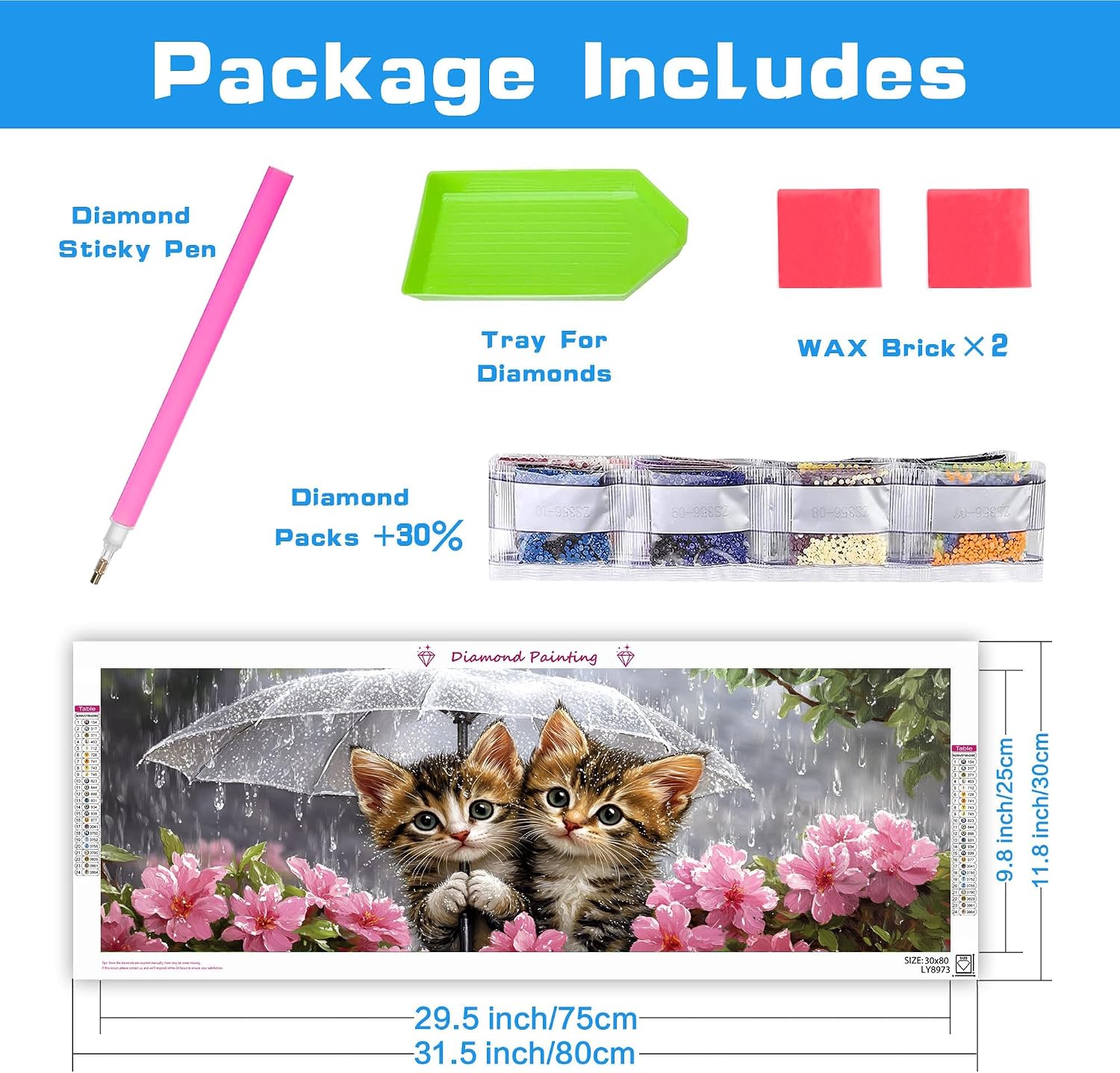 Wergund 5D DIY Large Diamond Art Kits for Adults Umbrella Cat, Large Size Diamond Art Animal, Full Drill Crystal Rhinestone Embroidery Cross Stitch Arts Craft Canvas Home Wall Decor Gift 12x30Inch image 4
