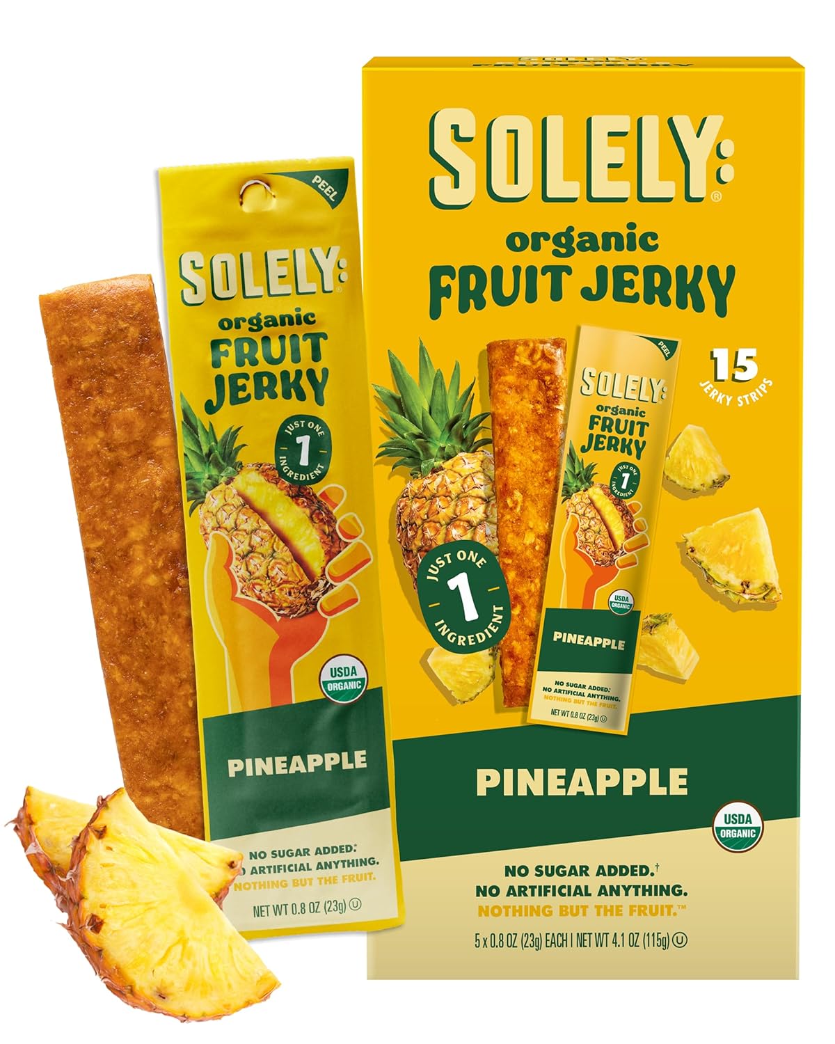 SOLELY - Organic Pineapple Fruit Jerky - 15 Individually Wrapped Strips - Fruit Leather Made from Dried Fruit - Healthy Snacks for Adults & Kids - Non GMO, Vegan Snacks - 0.8oz (23g)