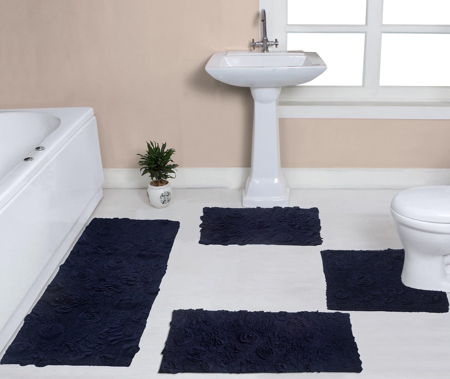 Home Weavers Modesto Bath Rug 100% Cotton Bathroom Rugs Set, Washable Rug, Extra Soft and Absorbent Bath Rug, Kitchen Mat, Bath Mat Set, Bath Floor Mat Non Slip, 4 Piece Set with Runner, Navy