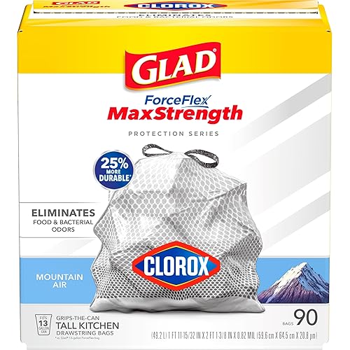 Glad Tall Kitchen Trash Bags 13 Gallon, MaxStrength Mountain Air Garbage Bags, Drawstring, 90 Count