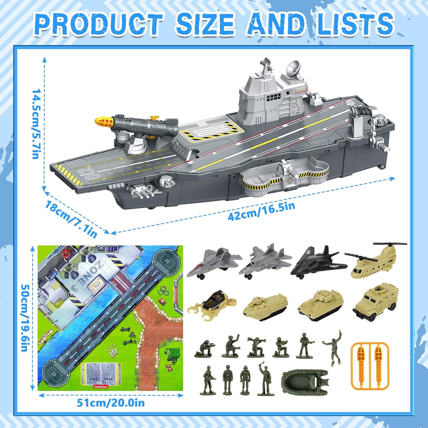 deAO Aircraft Carrier Battle Ship Army Toys - Military Vehicles, Warplanes, Warships, Helicopter, Trucks, Tanks - Army Men Toys for Kids Boys Girls