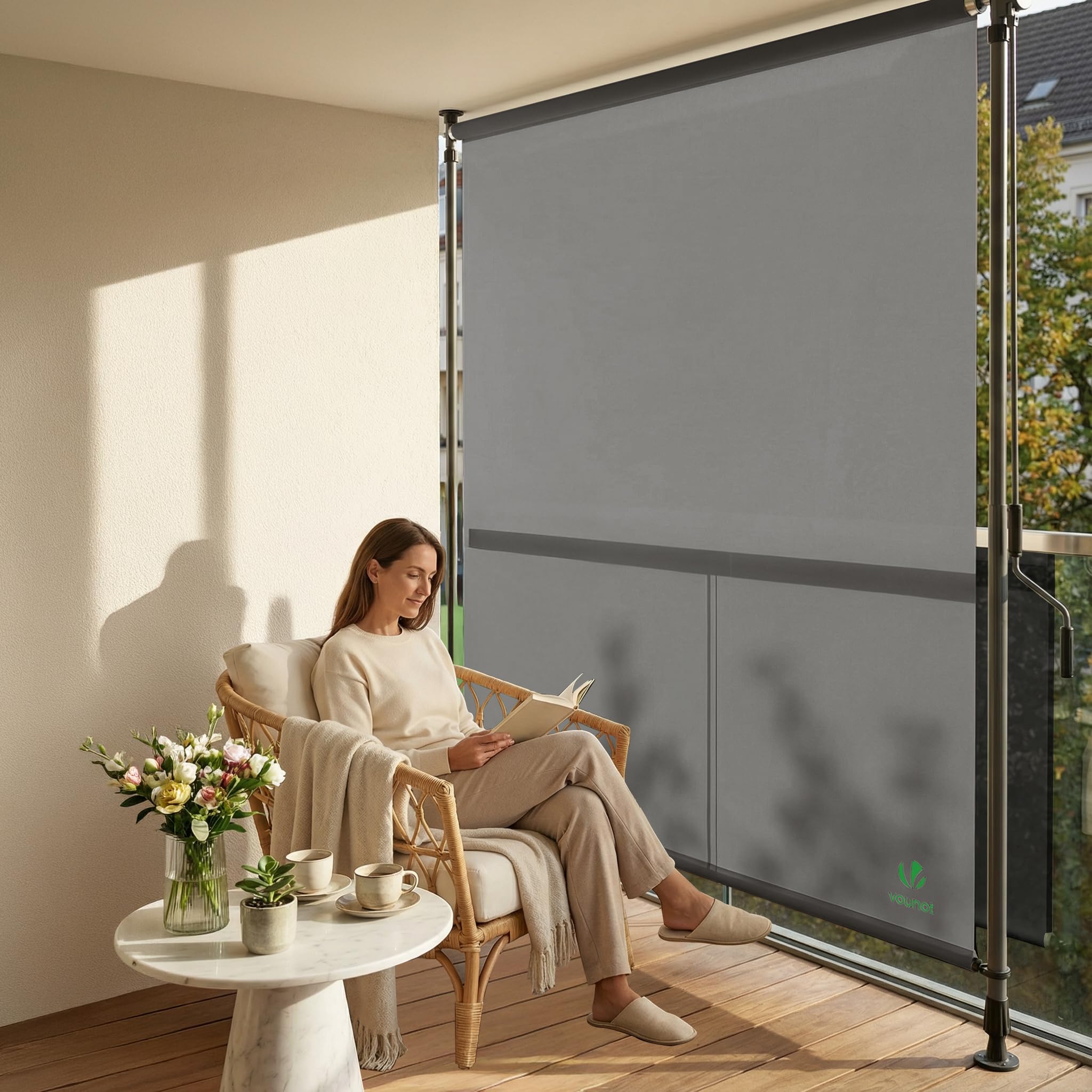 VOUNOT® Tenda da Sole Verticale 100 x 310 cm Senza Fori con Manovella, Tenda Estensibile da Esterno Protezione Solare UV e Resistente alle Intemperie per Balcone, Terrazza e Giardino, Grigio