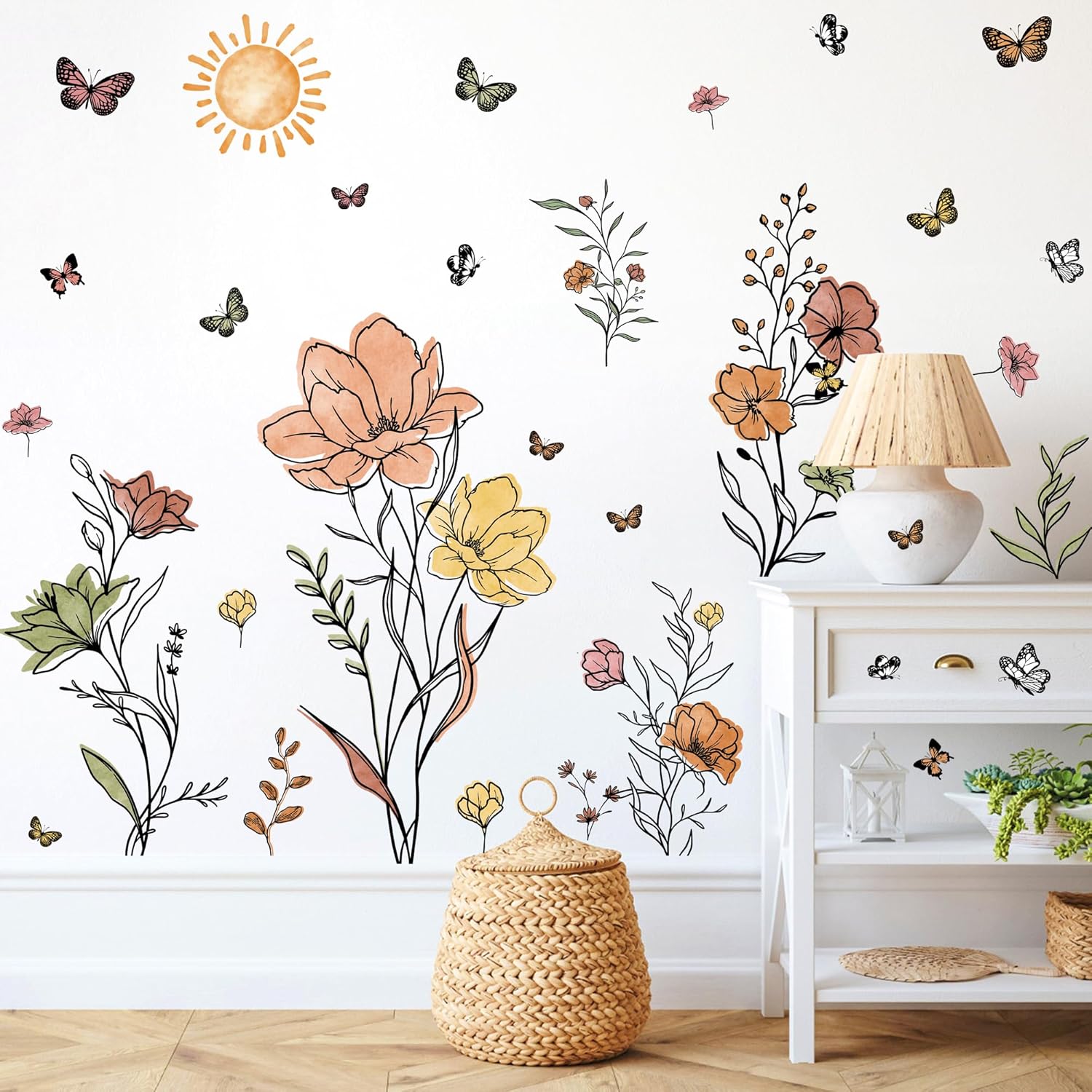 Boho Flower Wall Decals Watercolor Flower Plants Wall Stickers Wildflower Floral Walls Decals for Living Room Peel and Stick Modern Line Butterflies Art Murals for Girls Bedoom Office Home Decoration