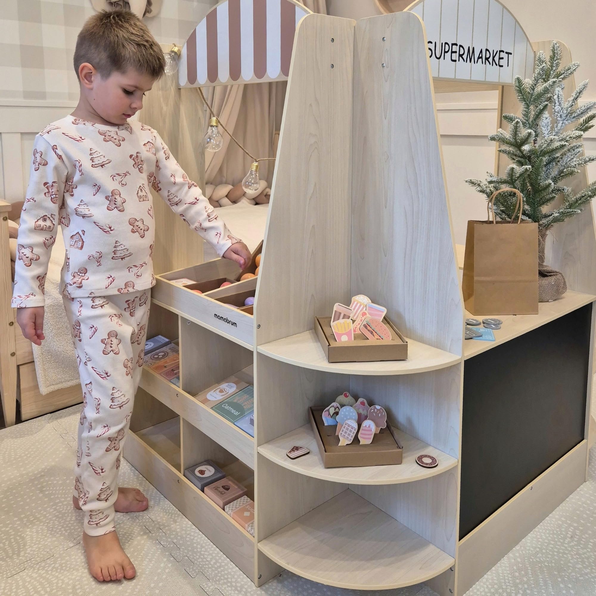 Mamabrum Grande Negozio di Legno per Bambini - 91 Pezzi per Gioco di Shopping con Lavagna, Frutta Verdura Cassa Accessori Educativi Divertimento 3+