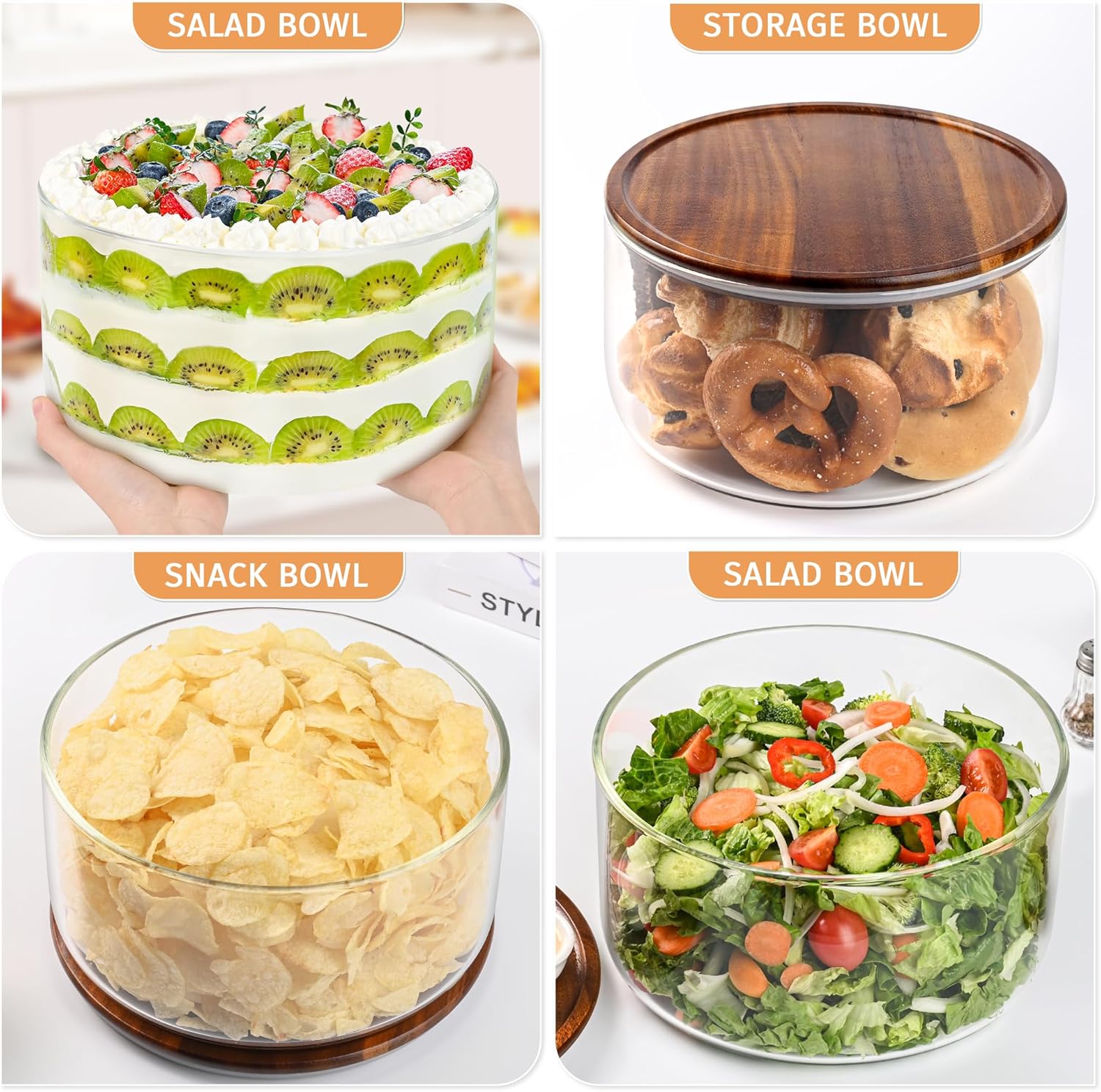 197 Oz Large Glass Trifle Bowl, Glass Salad Bowl with Acacia Wood Lid, Premium Serving Bowls for Cake, Salad, Fruit, Baking, Dessert, Meal Prep, Storing, Microwave & Oven Safe, BPA Free