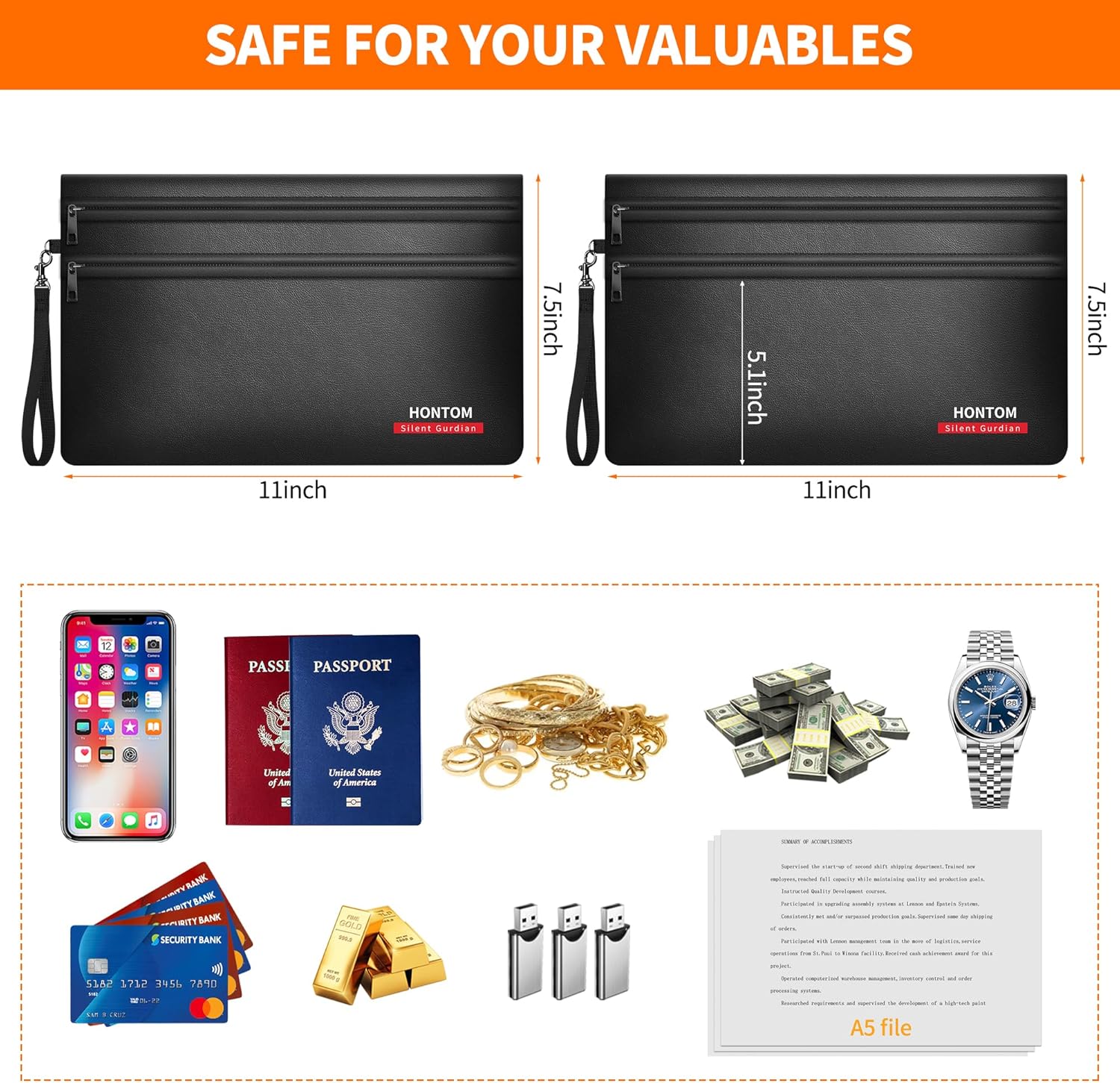 6400℉ Fireproof Money Bags 2 Pack with Hidden Dual Zipper, 11x7.5 Inch Fireproof Cash Wallet with 12 Layers Heat Insulated, Fire Safe Pouch with Valuables for Passports, Jewellery, Bill etc. - Image 4