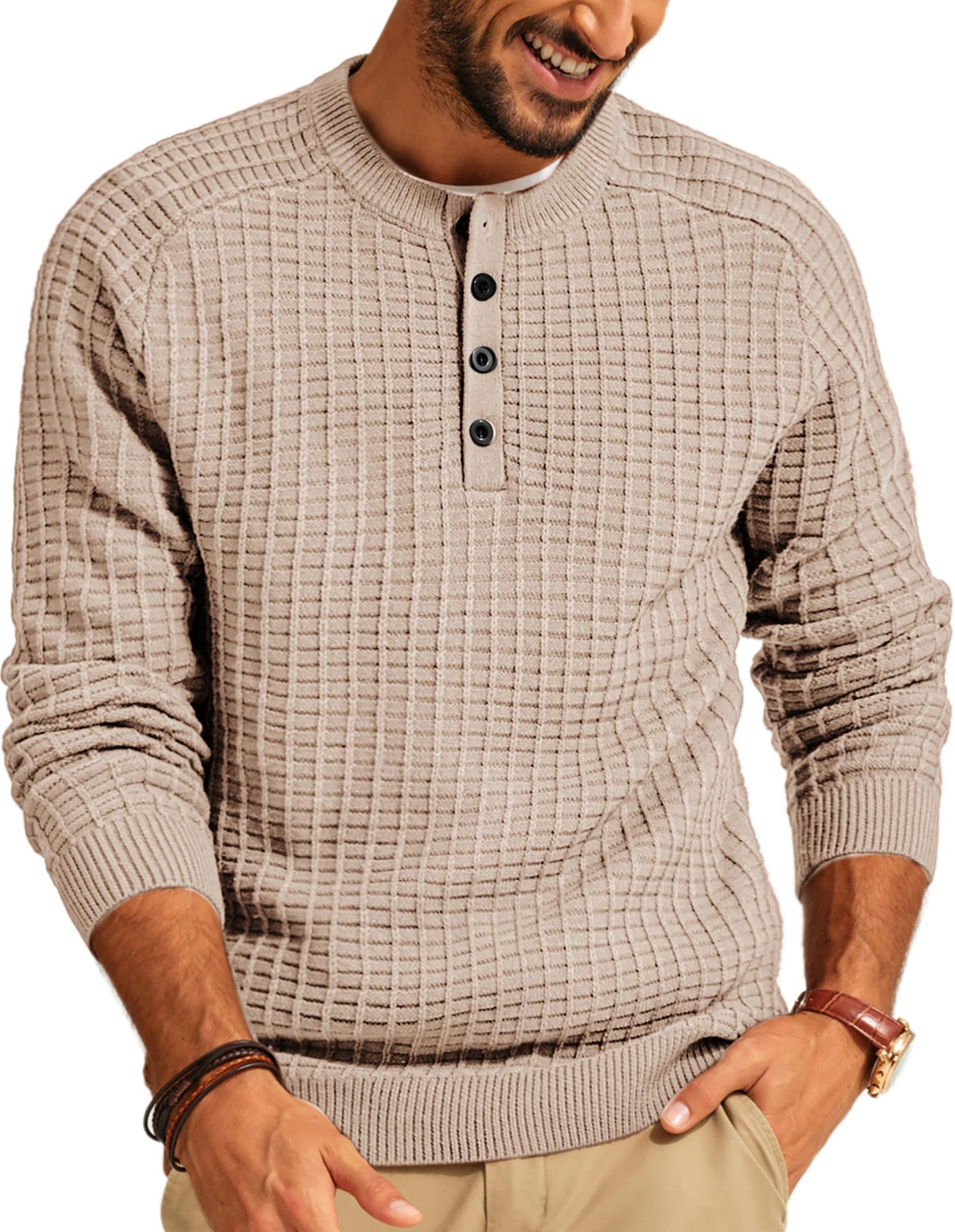PJ PAUL JONESMens Henley Sweater Knit Waffle Pullover Sweaters Casual Button Sweater