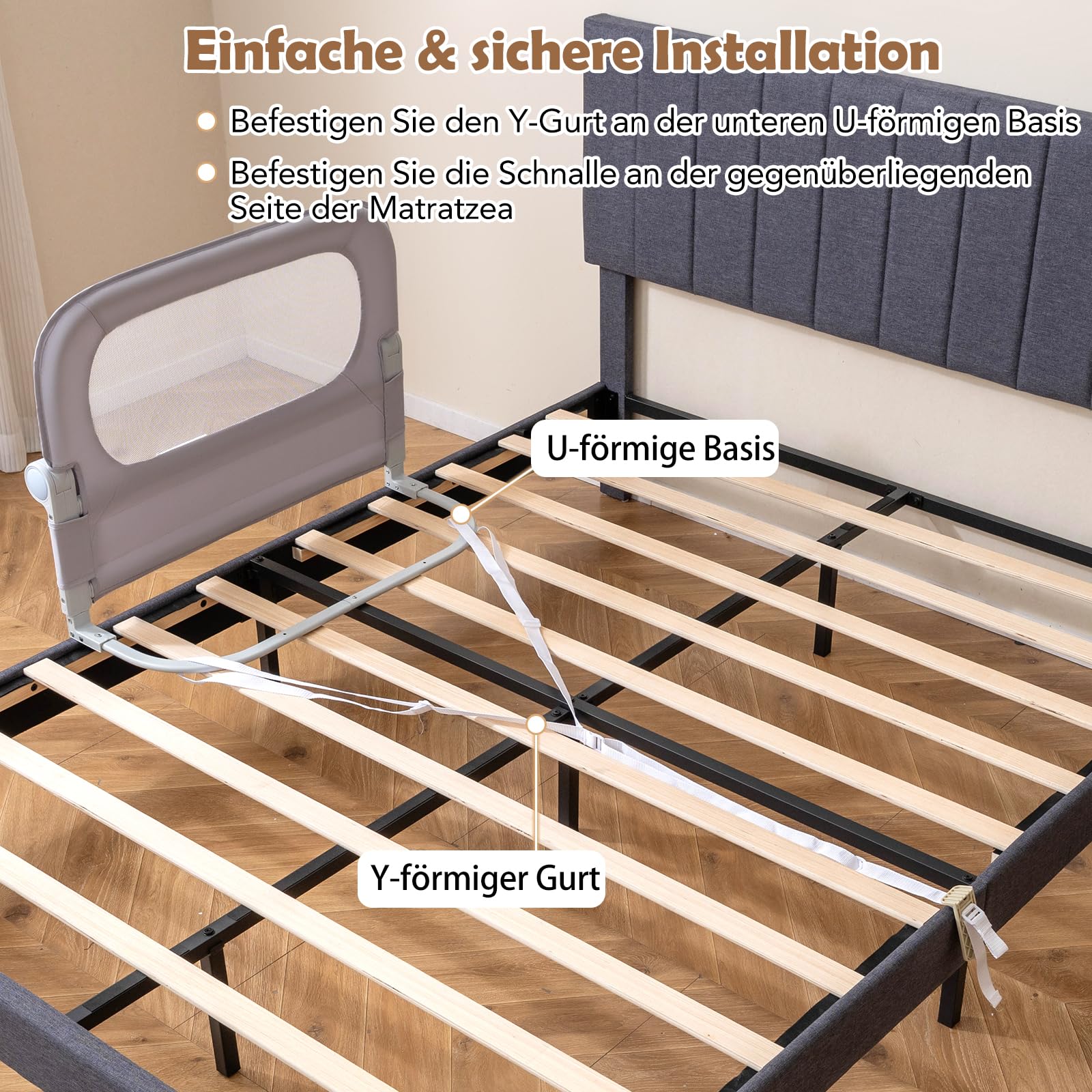 COSTWAY Bettgitter klappbar, 80 x 60 cm Bettschutzgitter mit abnehmbarem Oxford-Bezug, U-förmigem Gestell & Gurt, Kinderschutzgitter, Rausfallschutz für Kinderbett Elternbett Boxspringbett (Grau)