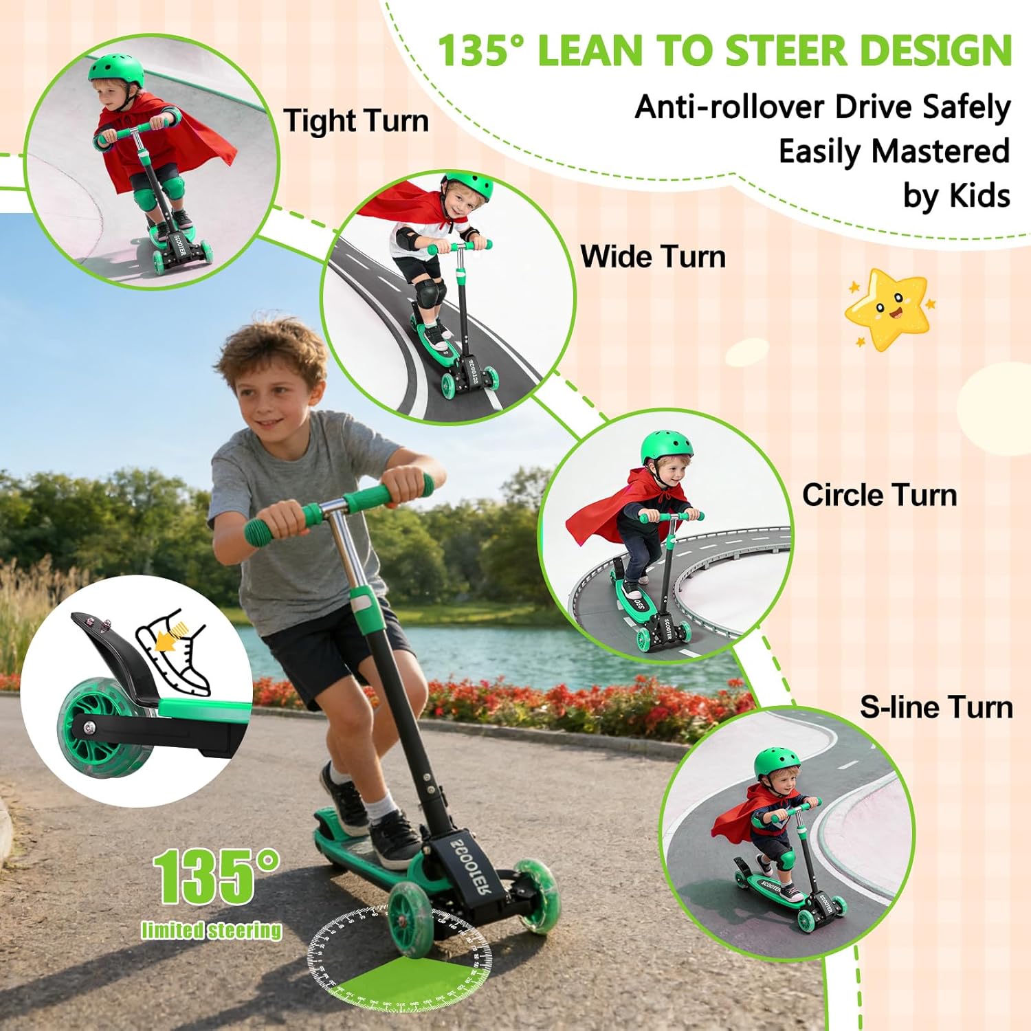 3 Wheel Scooters for Kids 2-5 5-7 Years, 4 Adjustable Heights Foldable Metal Toddler Scooter for Boys Girls Up to 120 lbs, Lean-to-Steer, Dual Rear Brake Widen Anti-Slip Deck