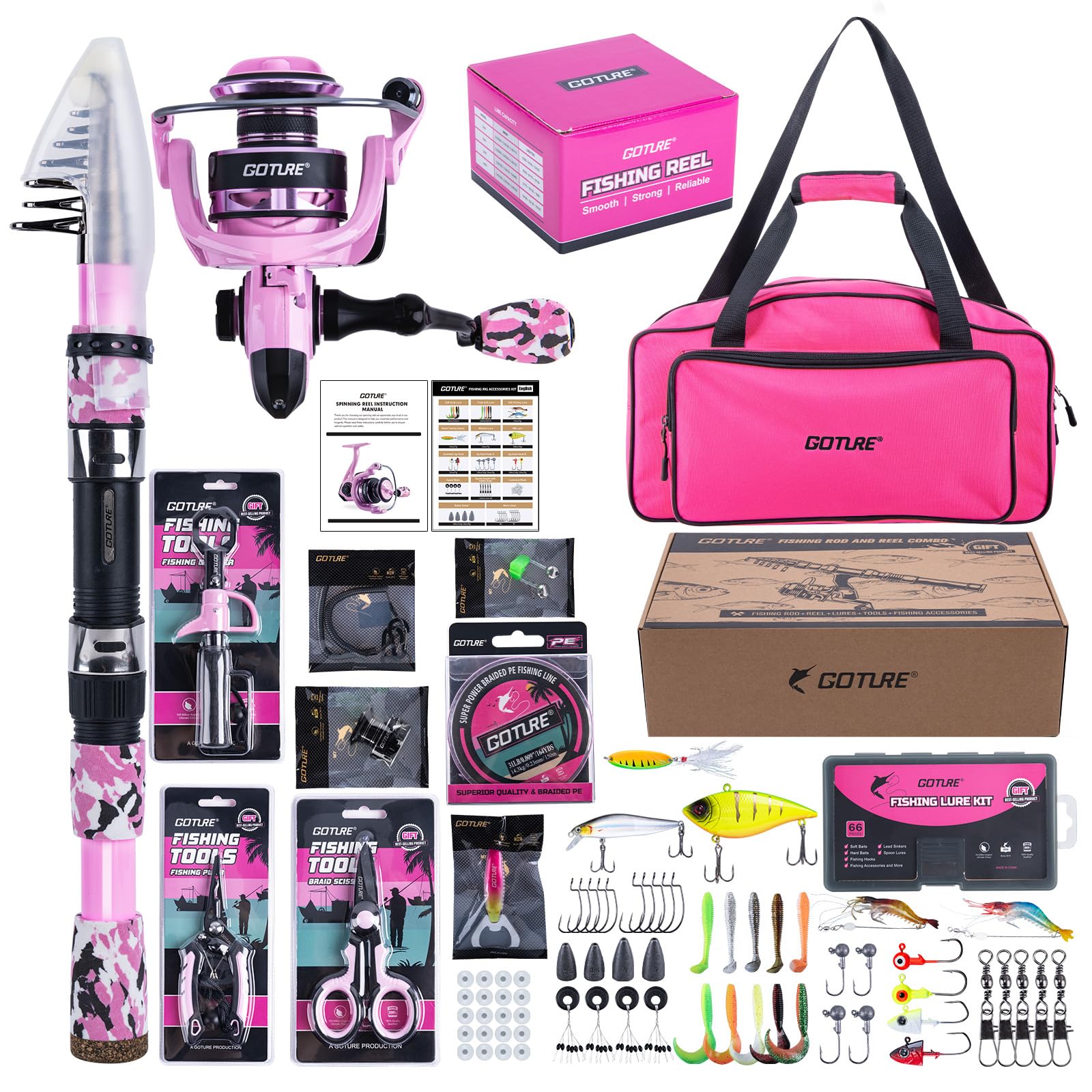 Goture Pink Fishing Rod and Reel Combos with 900D Oxford Bag, Telescopic Pole Spinning Reel Lures Set Bottle Opener, Telescopic Fishing Rod Fishing Kit for Travel Saltwater Freshwater 2.7M A